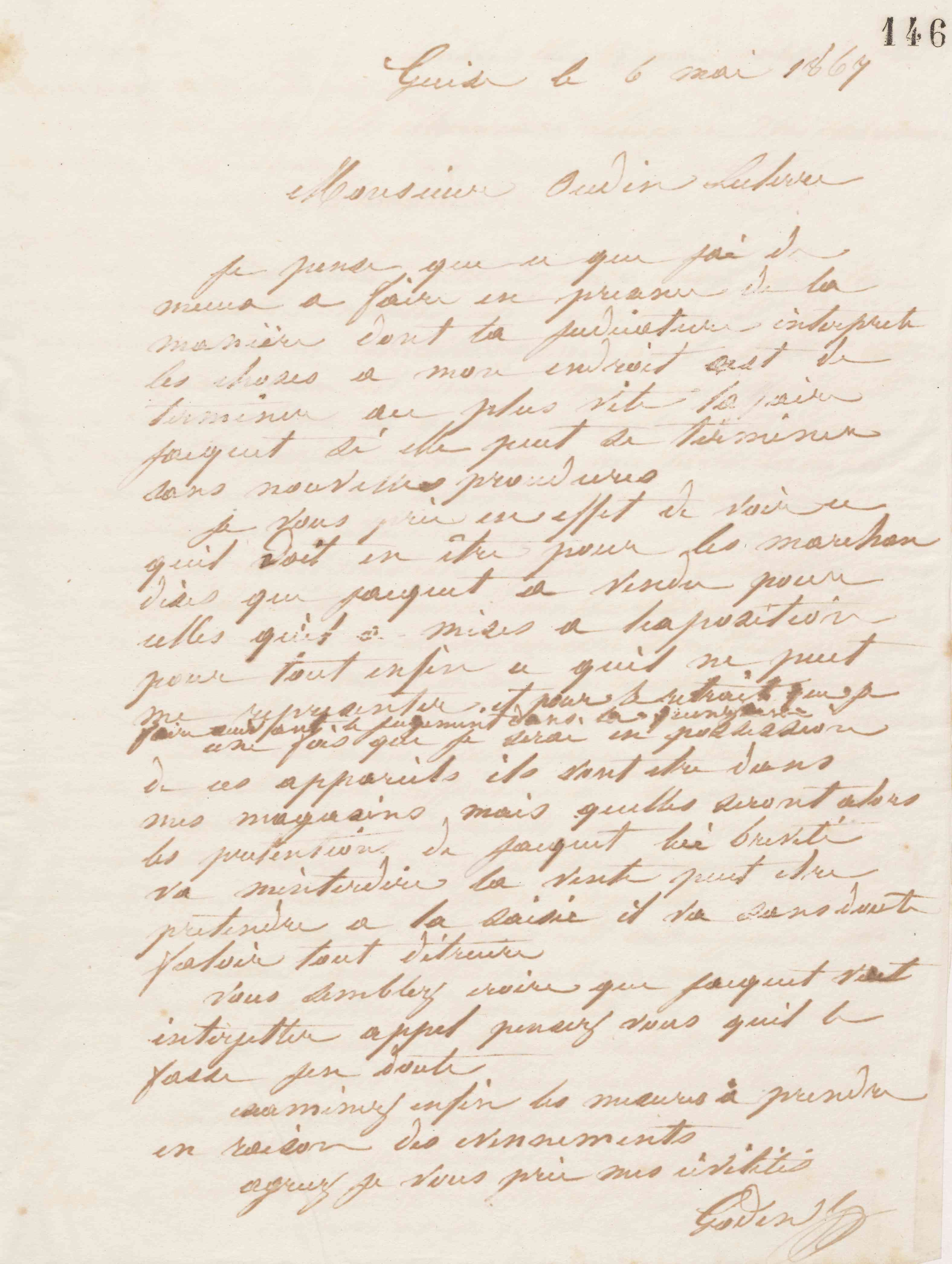 Jean-Baptiste André Godin à Louis Oudin-Leclère, 6 mai 1867