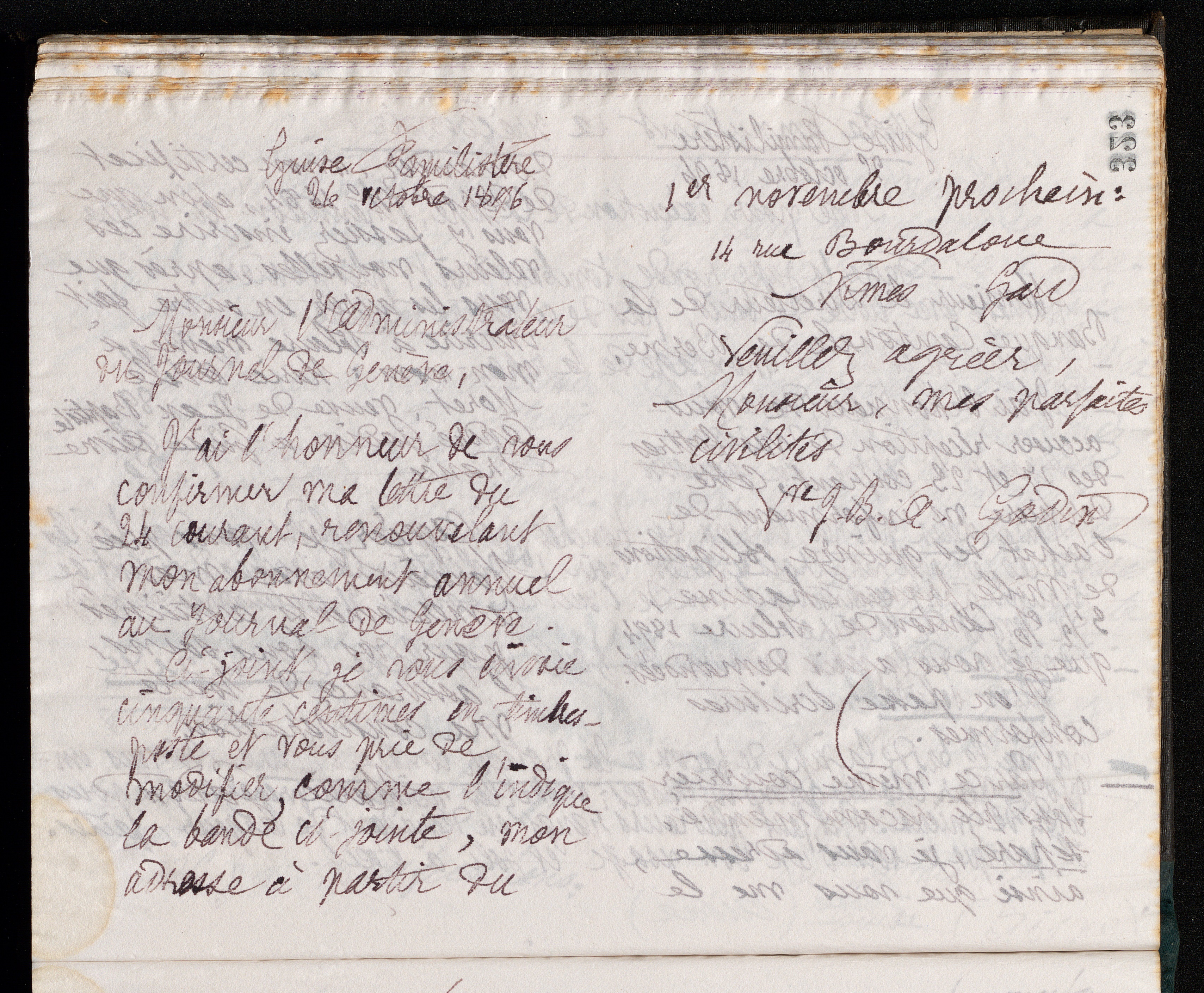 Marie Moret à l'administrateur du Journal de Genève, 26 octobre 1896