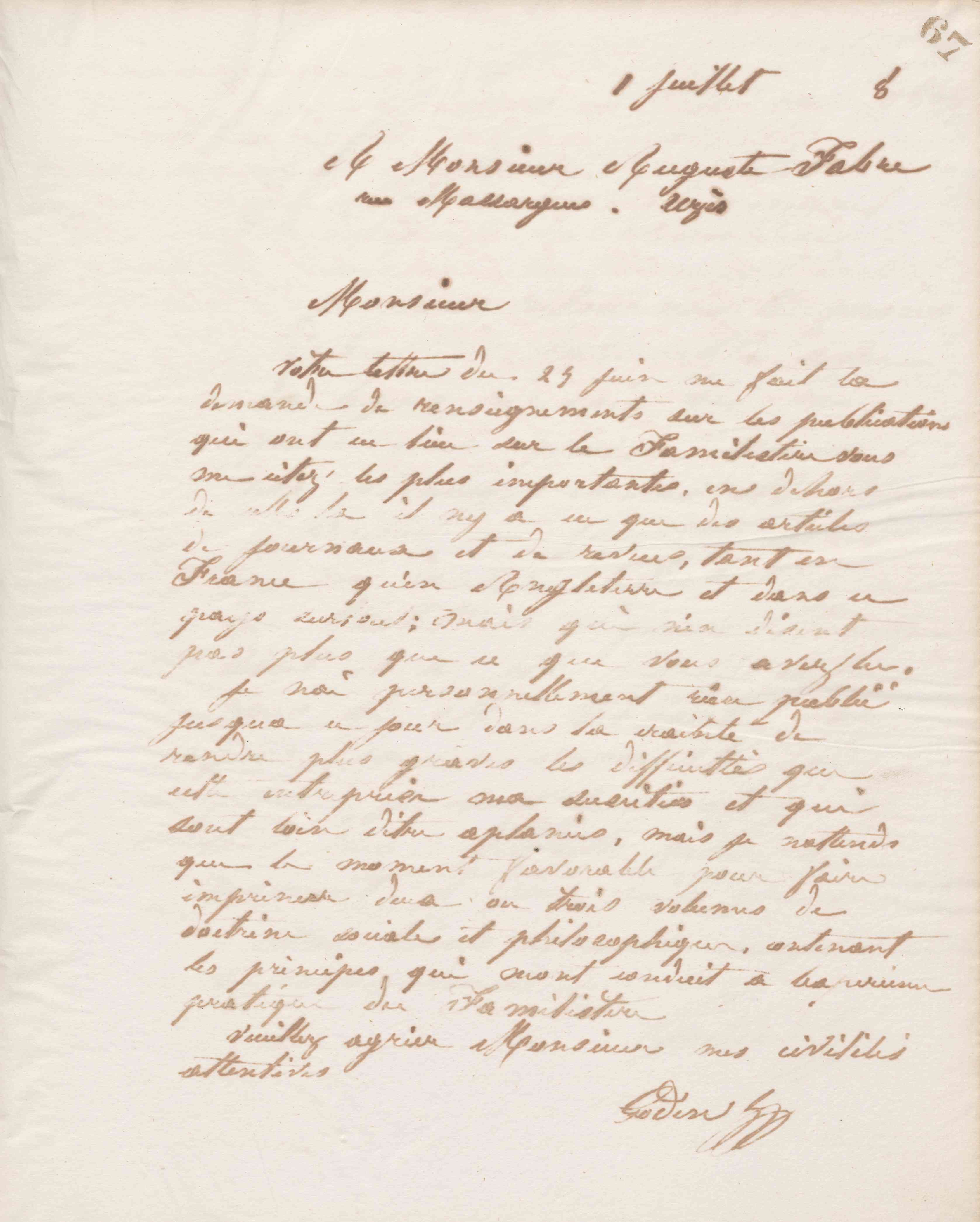 Jean-Baptiste André Godin à Auguste Fabre, 1er juillet 1868