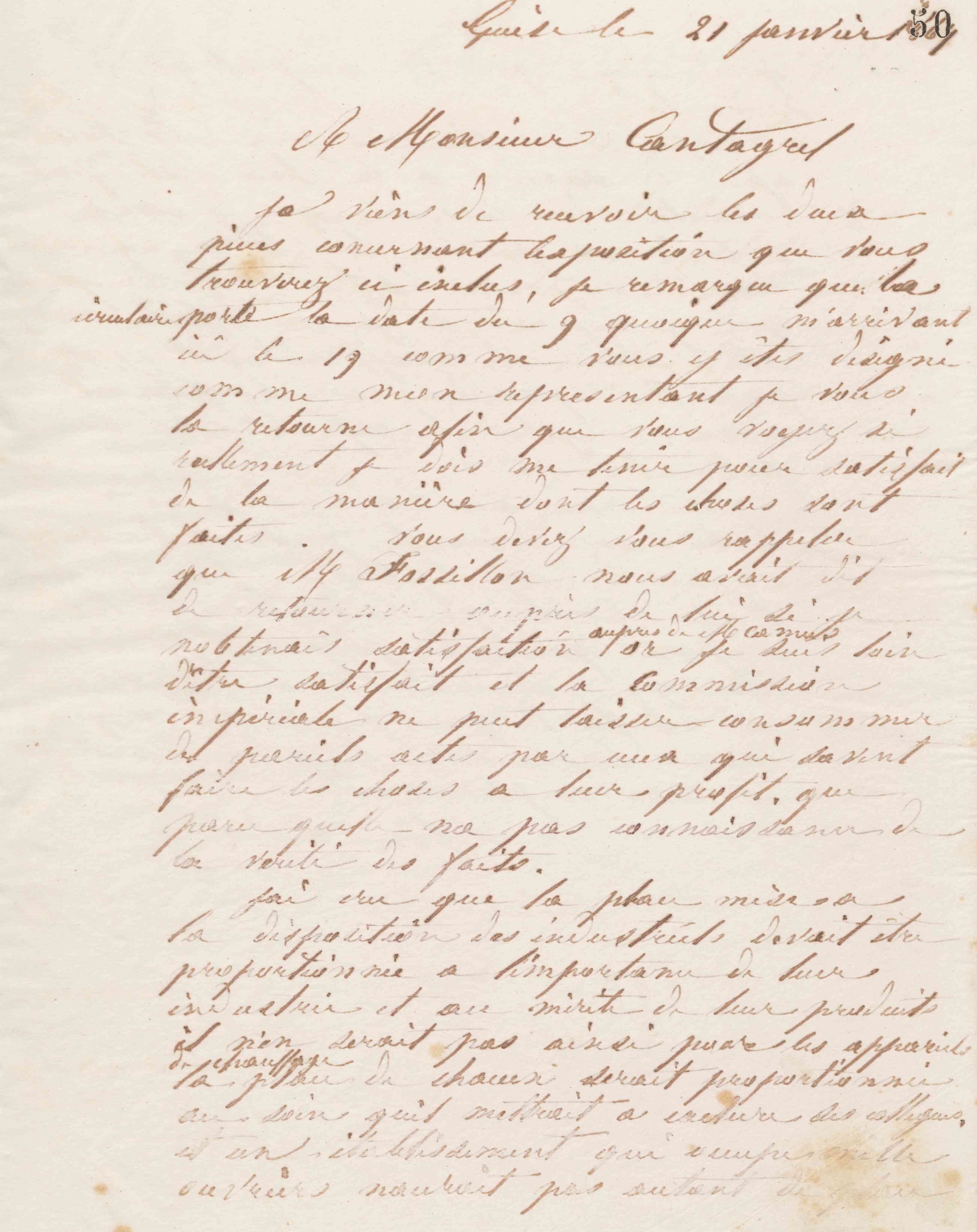 Jean-Baptiste André Godin à François Cantagrel, 21 janvier 1867
