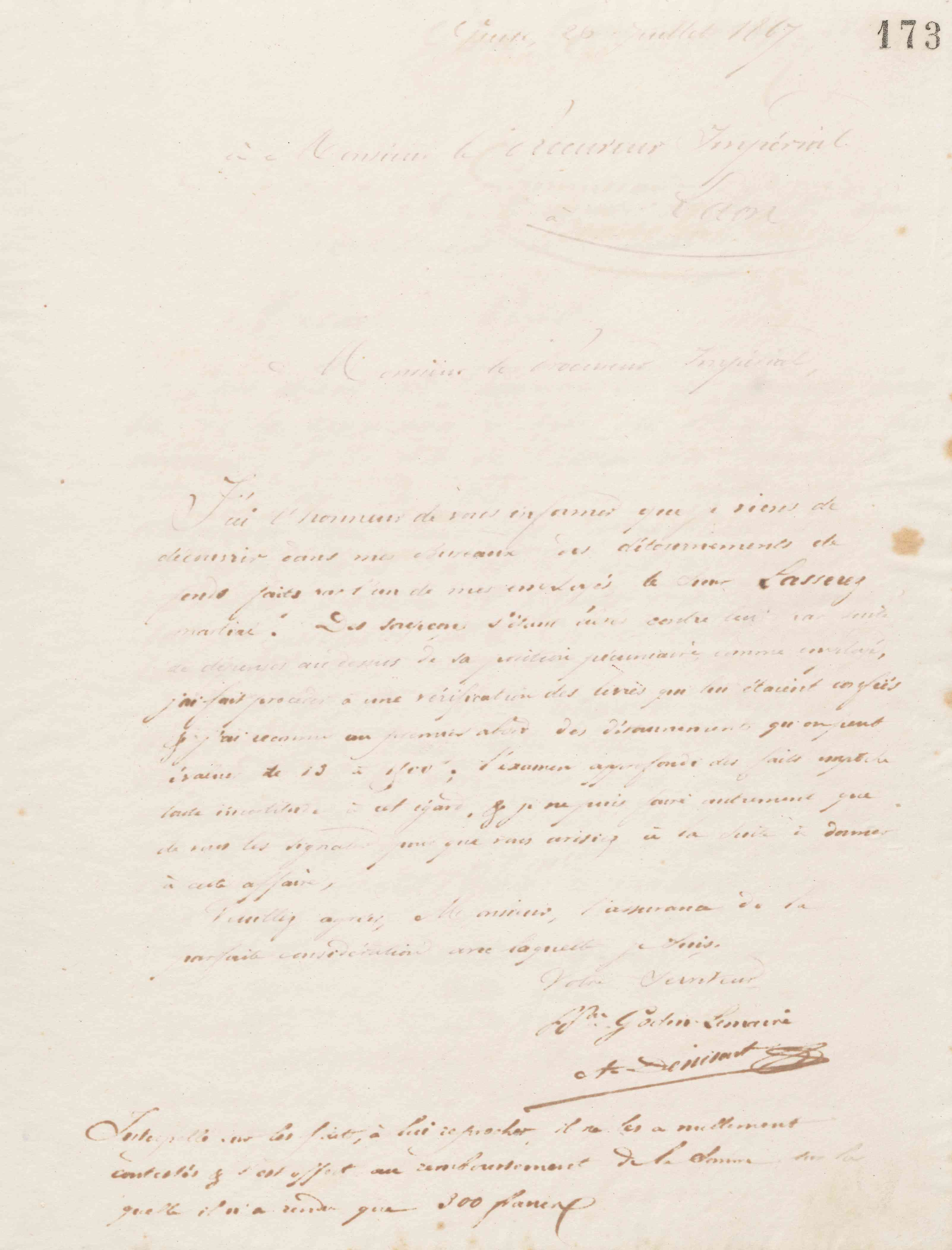 Jean-Baptiste André Godin au procureur impérial à Laon, 26 juillet 1867