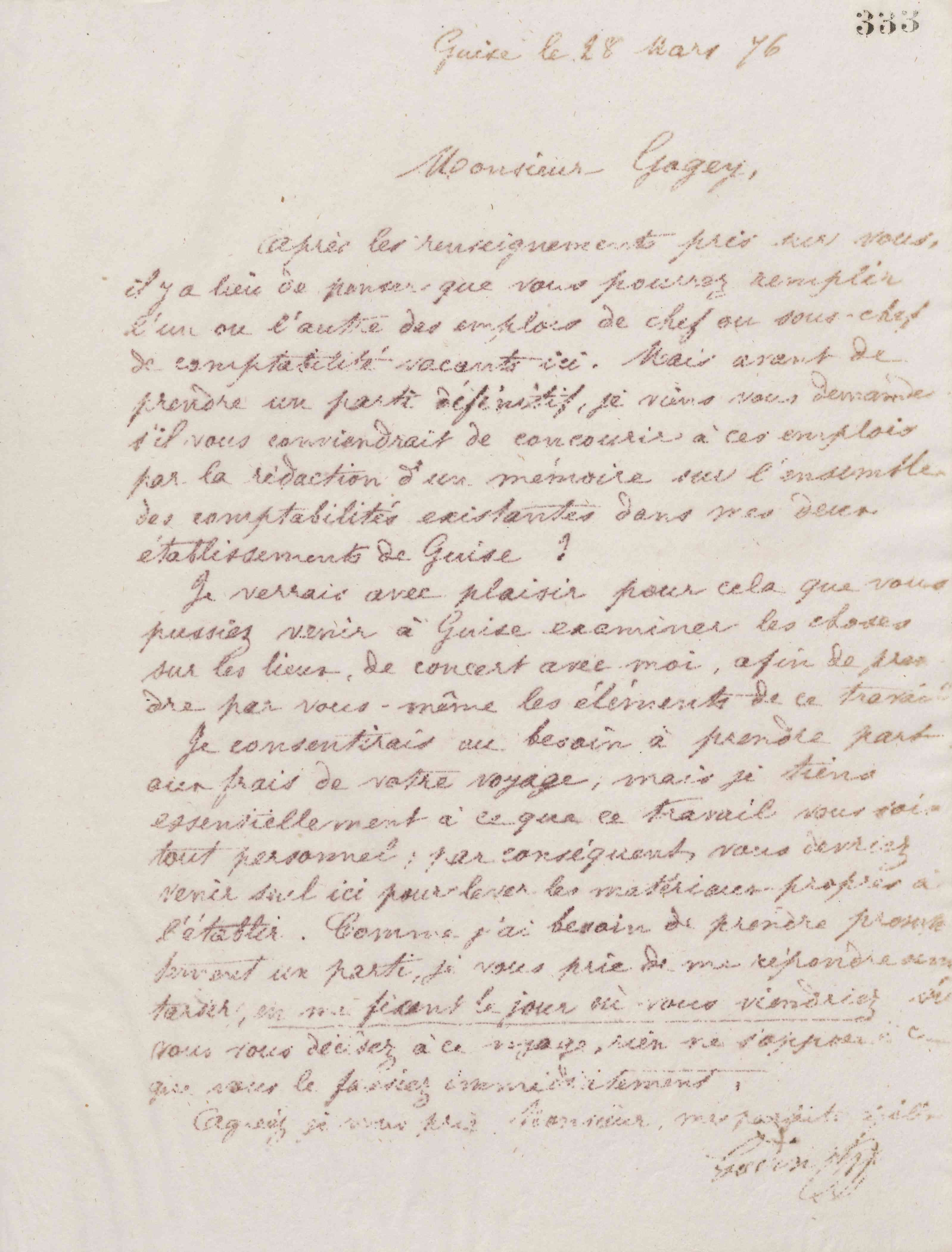 Jean-Baptiste André Godin à monsieur Gogey, 28 mars 1876