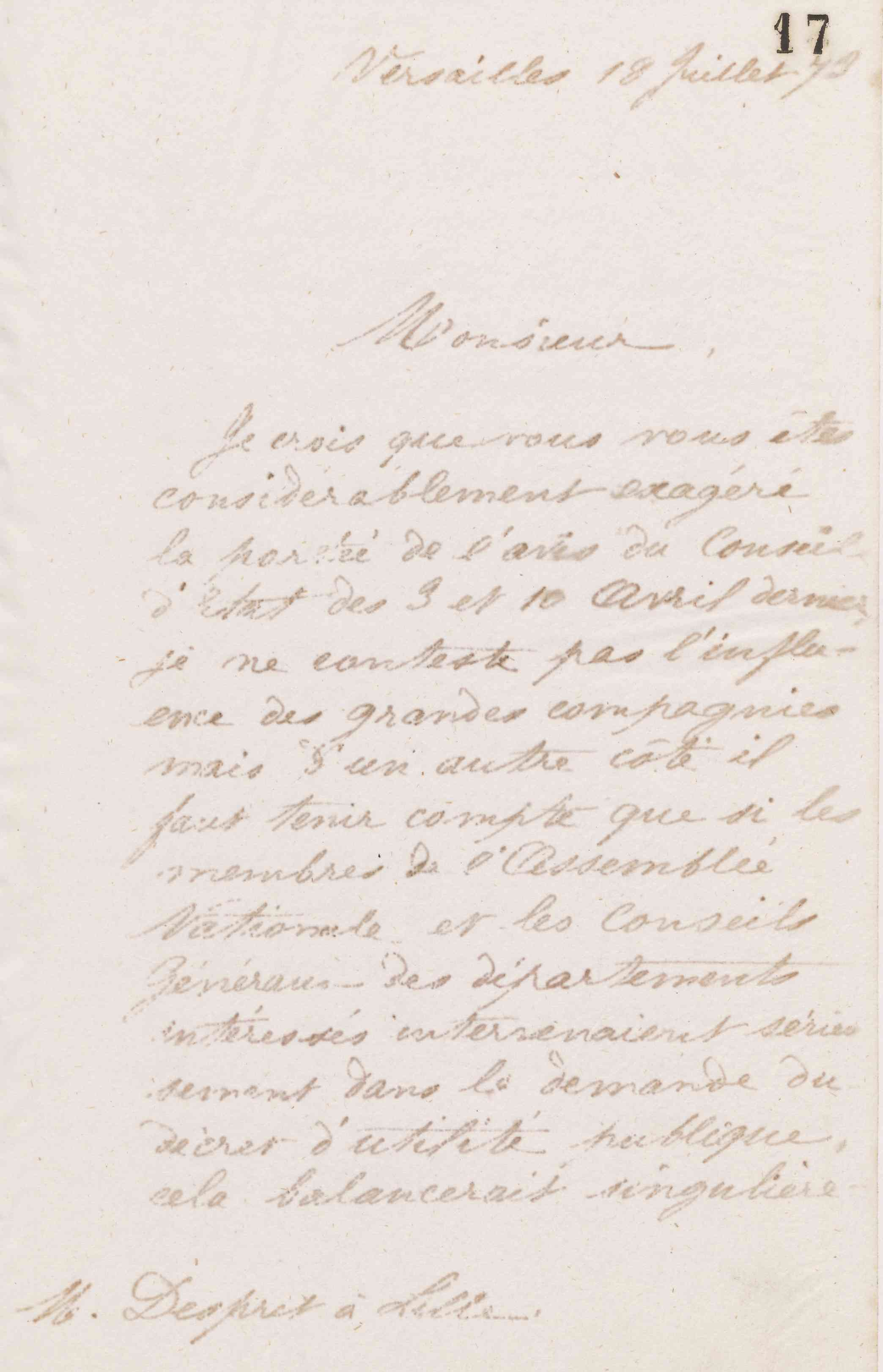 Jean-Baptiste André Godin à monsieur Despret, 18 juillet 1873