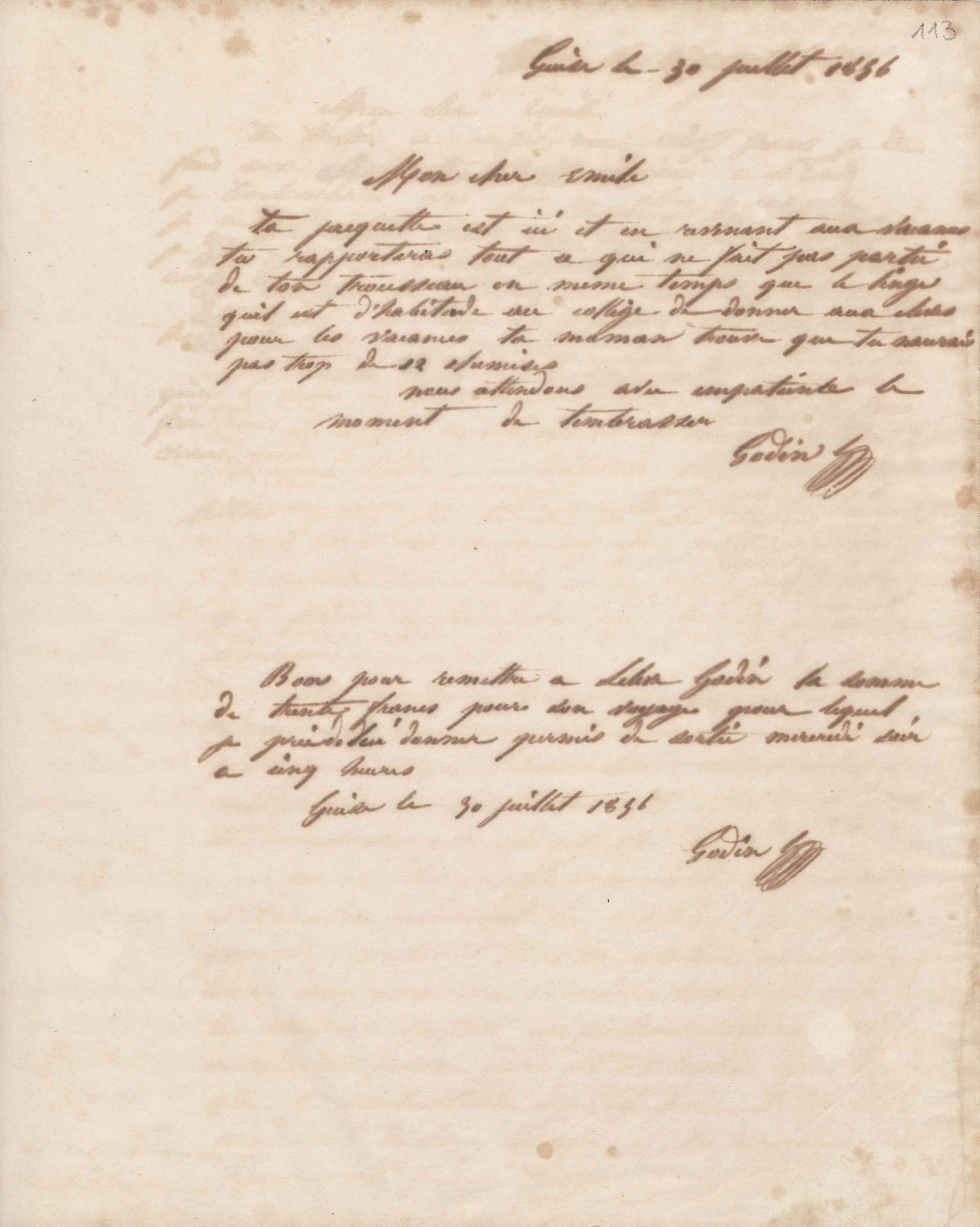 Jean-Baptiste André Godin à Émile Godin, 30 juillet 1856
