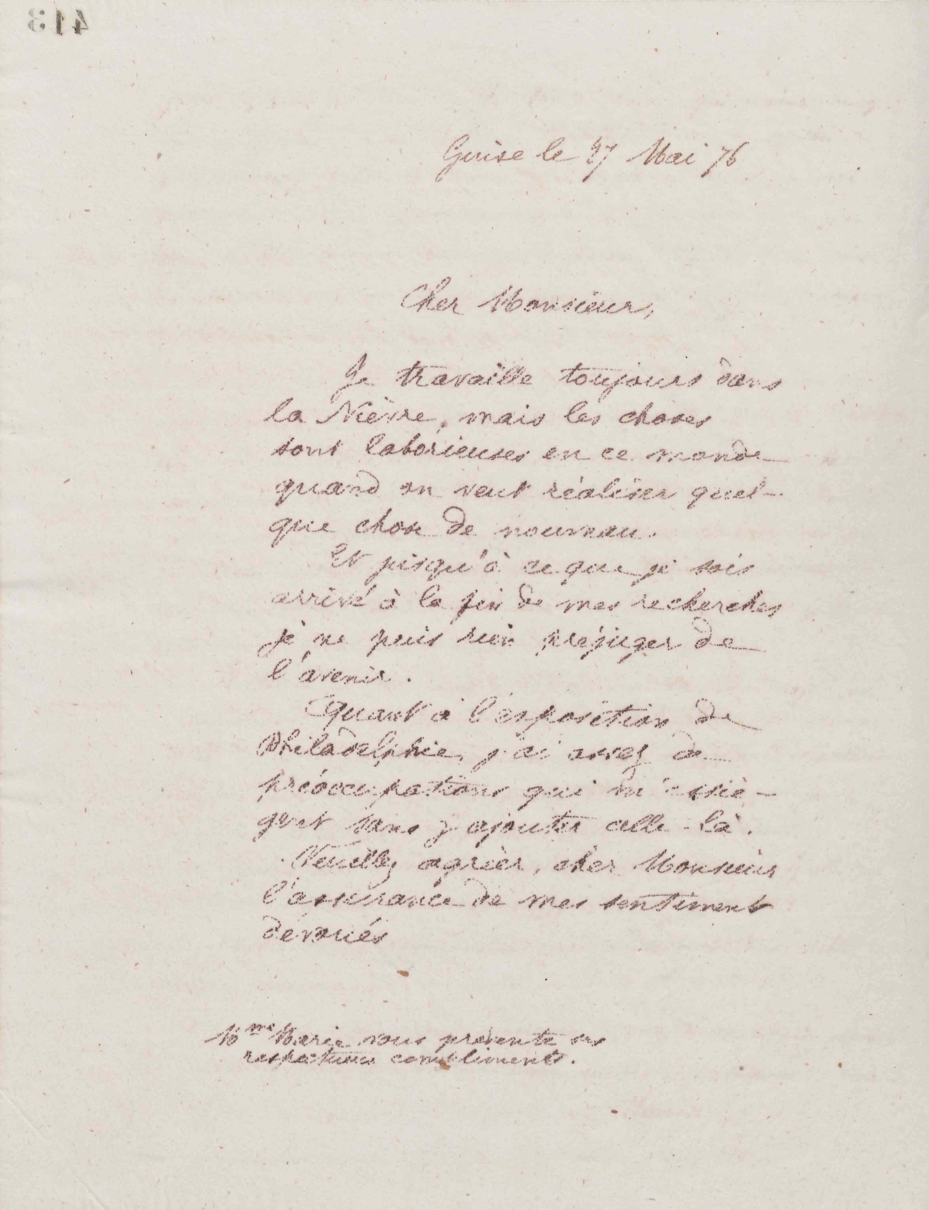 Jean-Baptiste André Godin à Joseph Pouliquen, 27 mai 1876