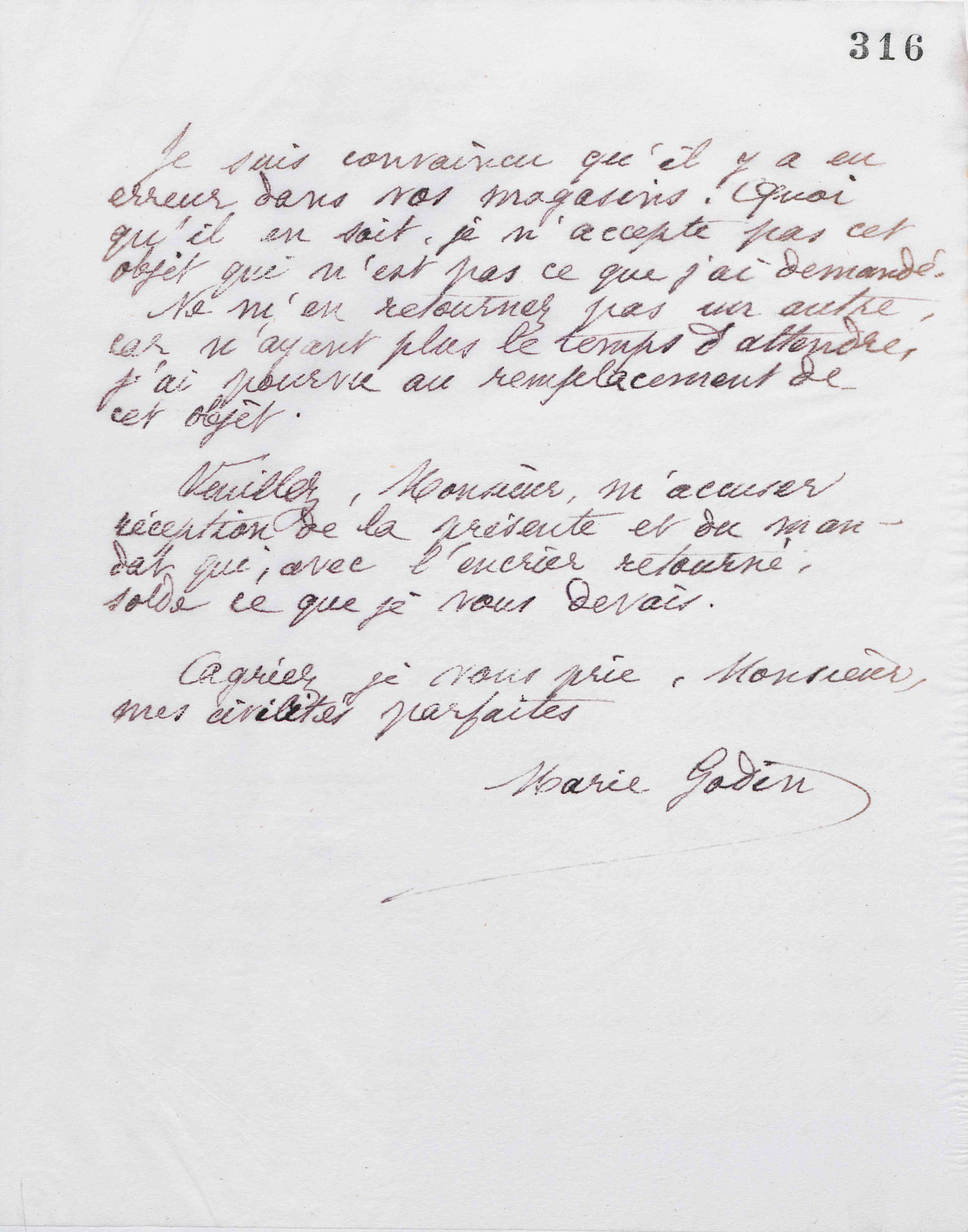 Marie Moret à Fortin et Cie, 23 décembre 1887