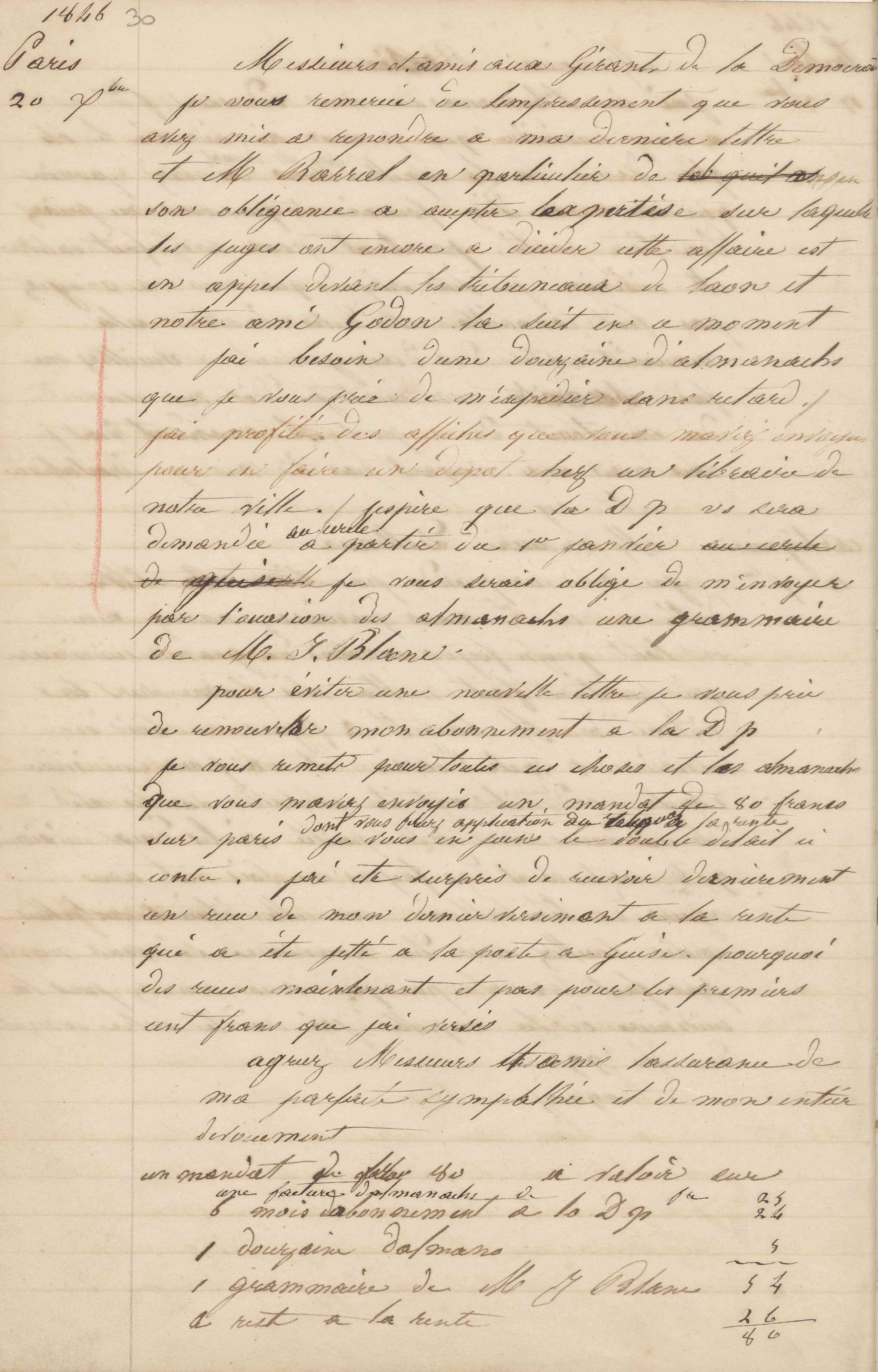 Jean-Baptiste André Godin aux gérants de La Démocratie pacifique, 20 décembre 1846