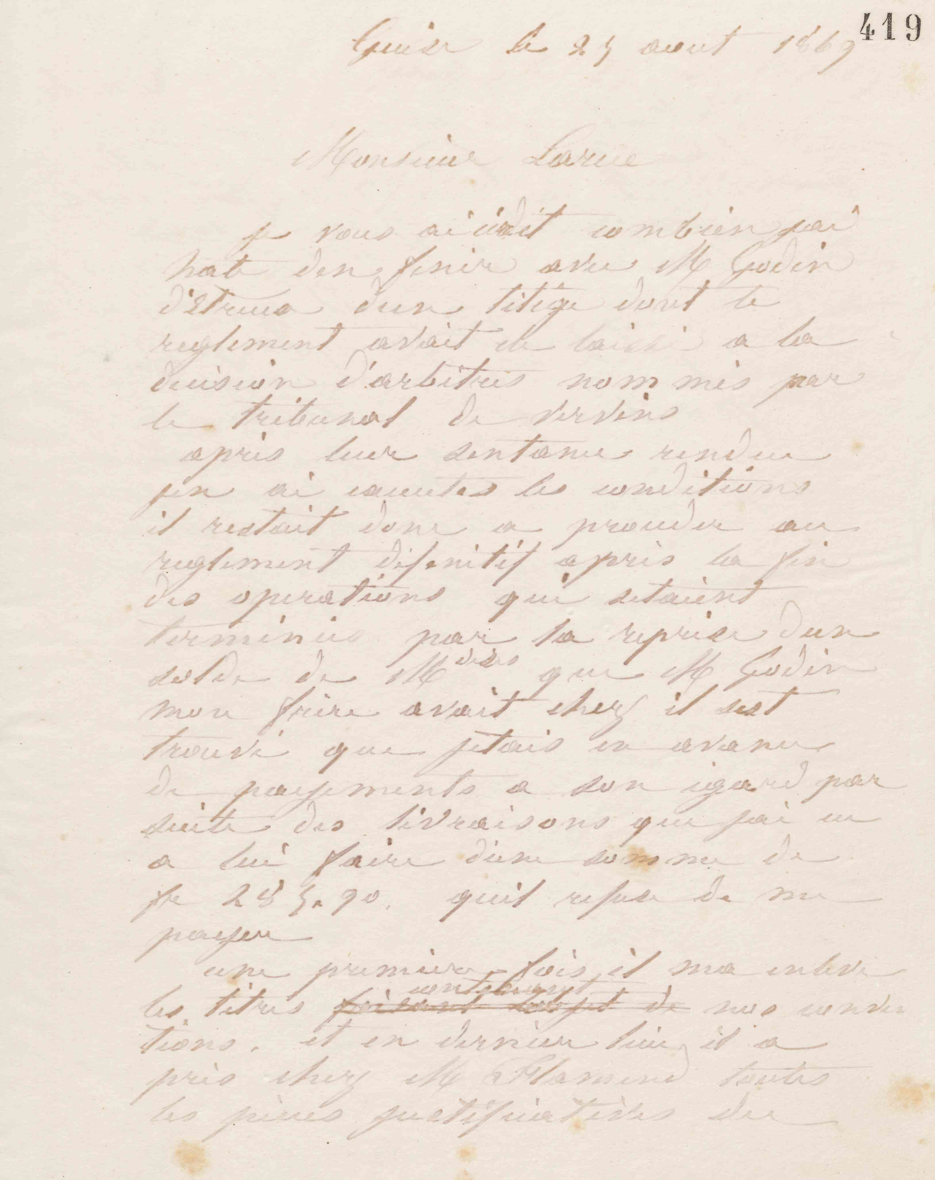 Jean-Baptiste André Godin à Édouard Larue, 25 août 1869 Jean-Baptiste André Godin à Édouard Larue, 25 août 1869