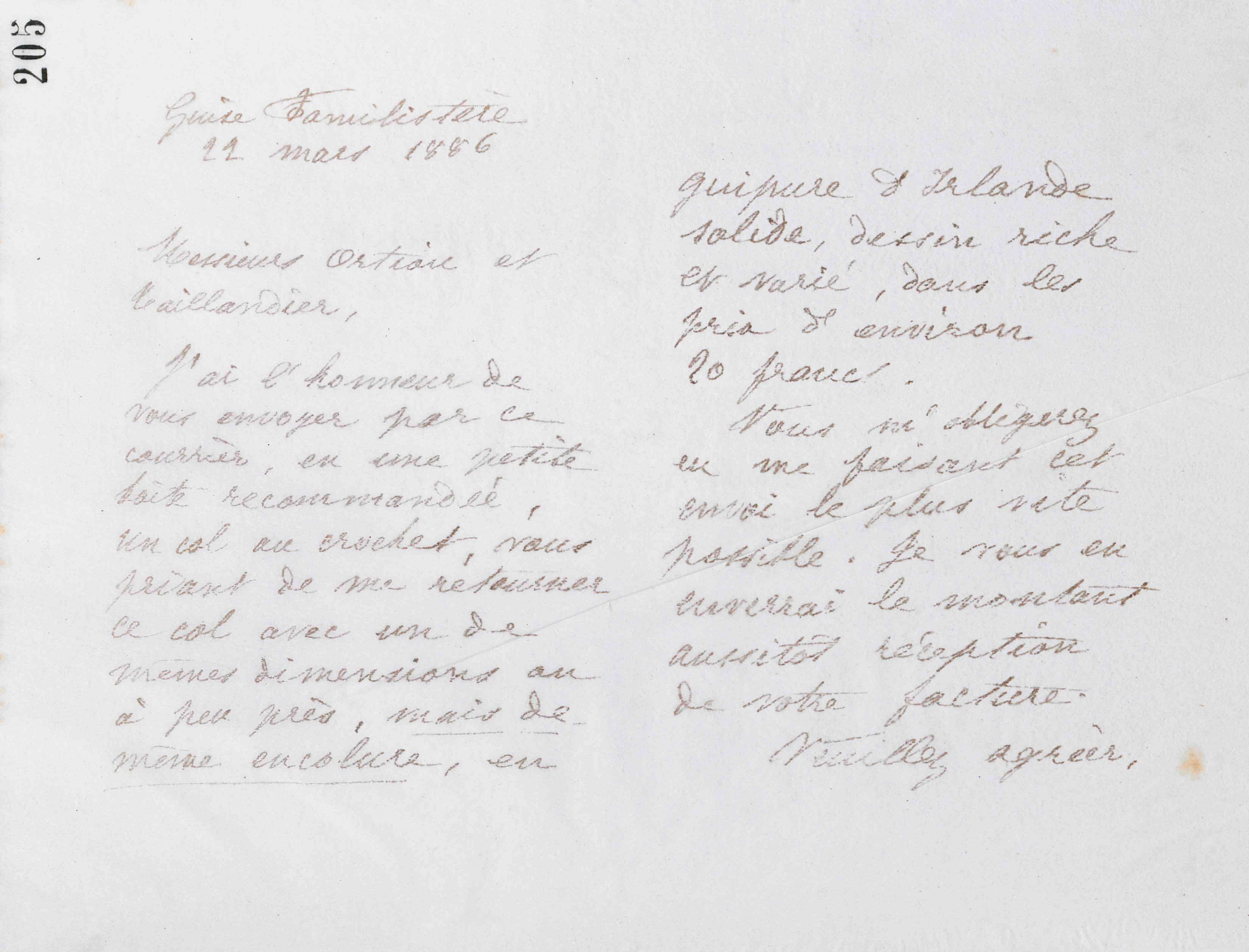 Marie Moret à Ortiou et Taillandier, 22 mars 1886 Marie Moret à Ortiou et Taillandier, 22 mars 1886