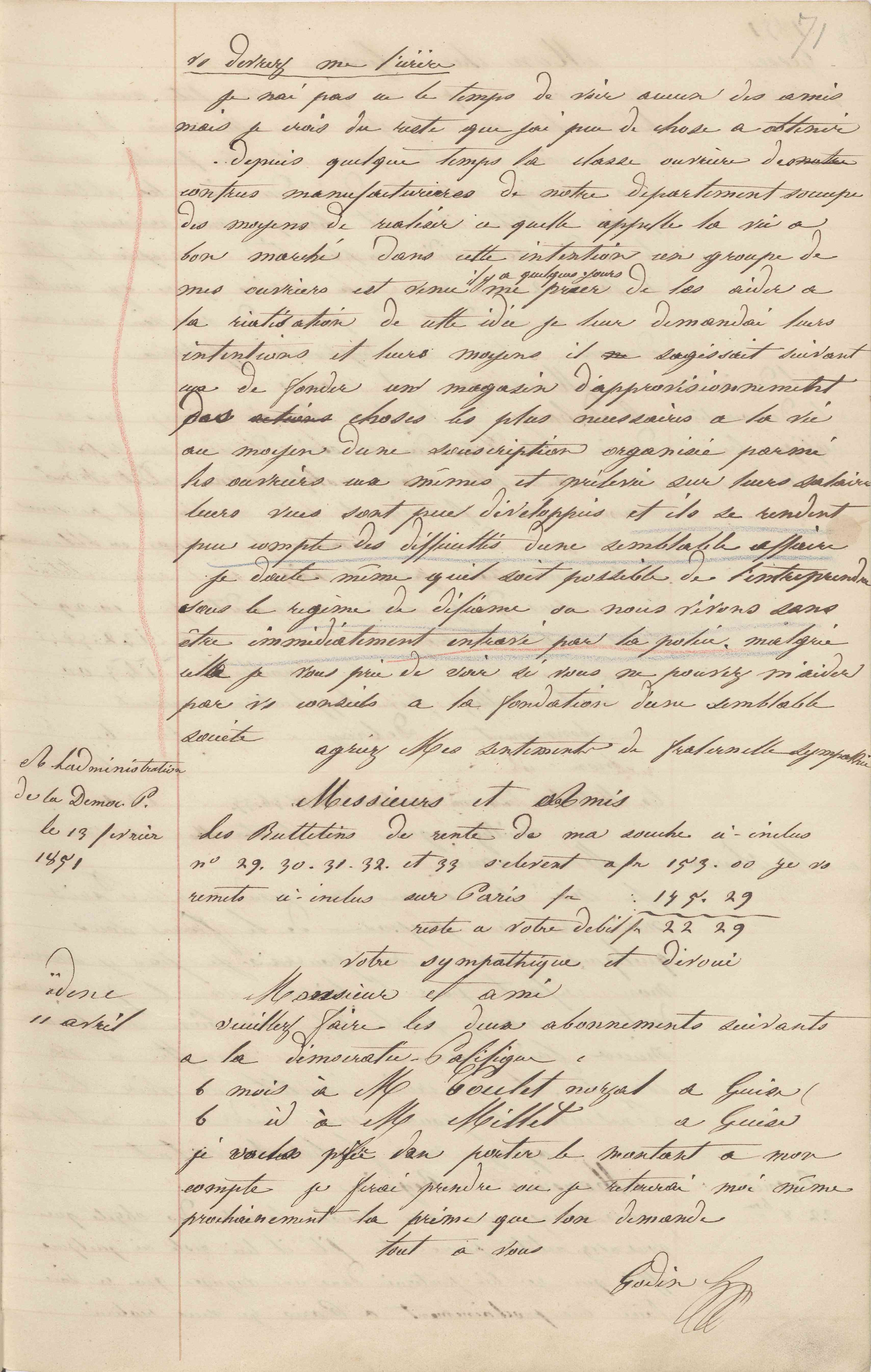 Jean-Baptiste André Godin aux administrateurs de La Démocratie pacifique, 13 février 1851