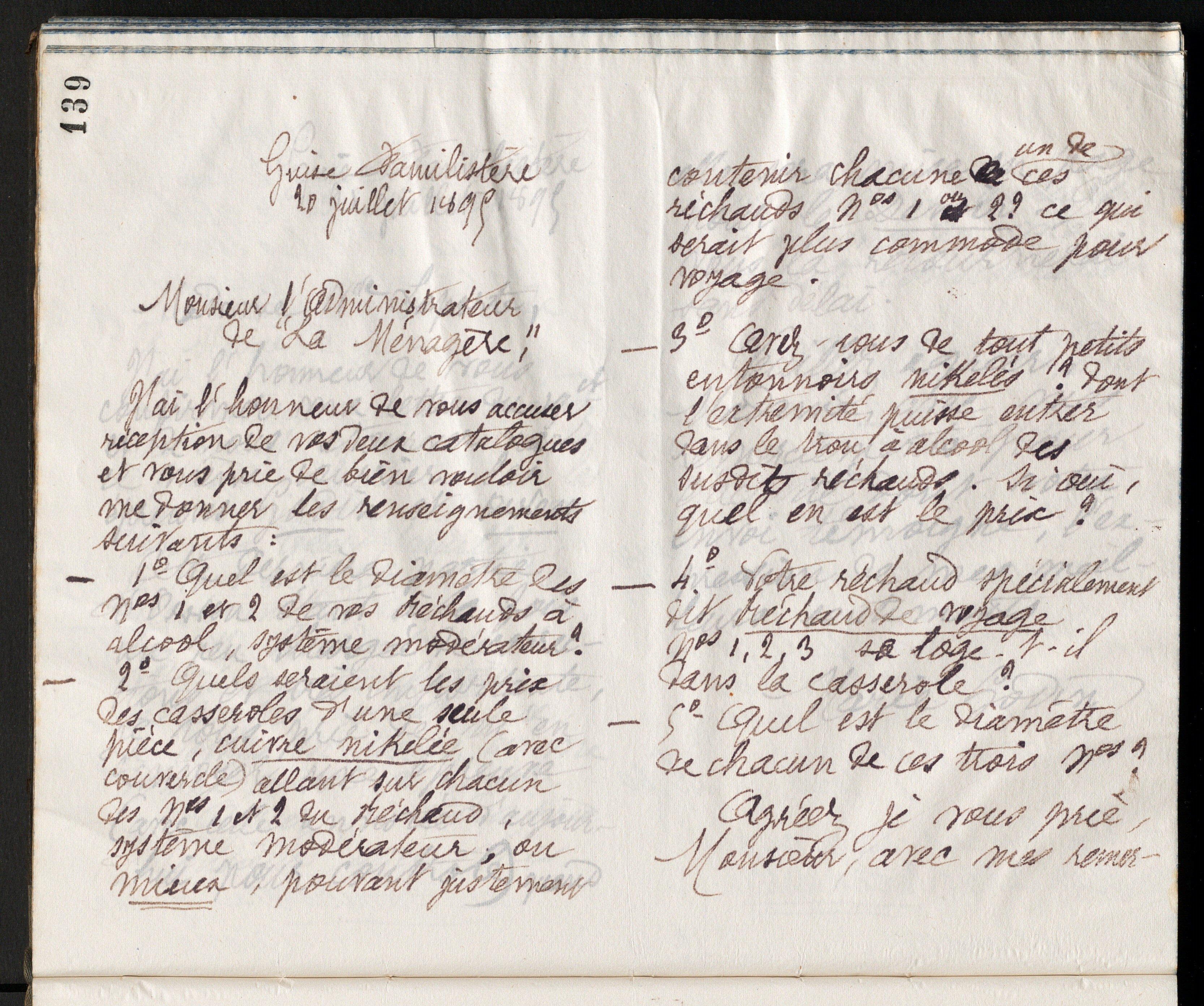 Marie Moret à l'administrateur de La Ménagère, 20 juillet 1895
