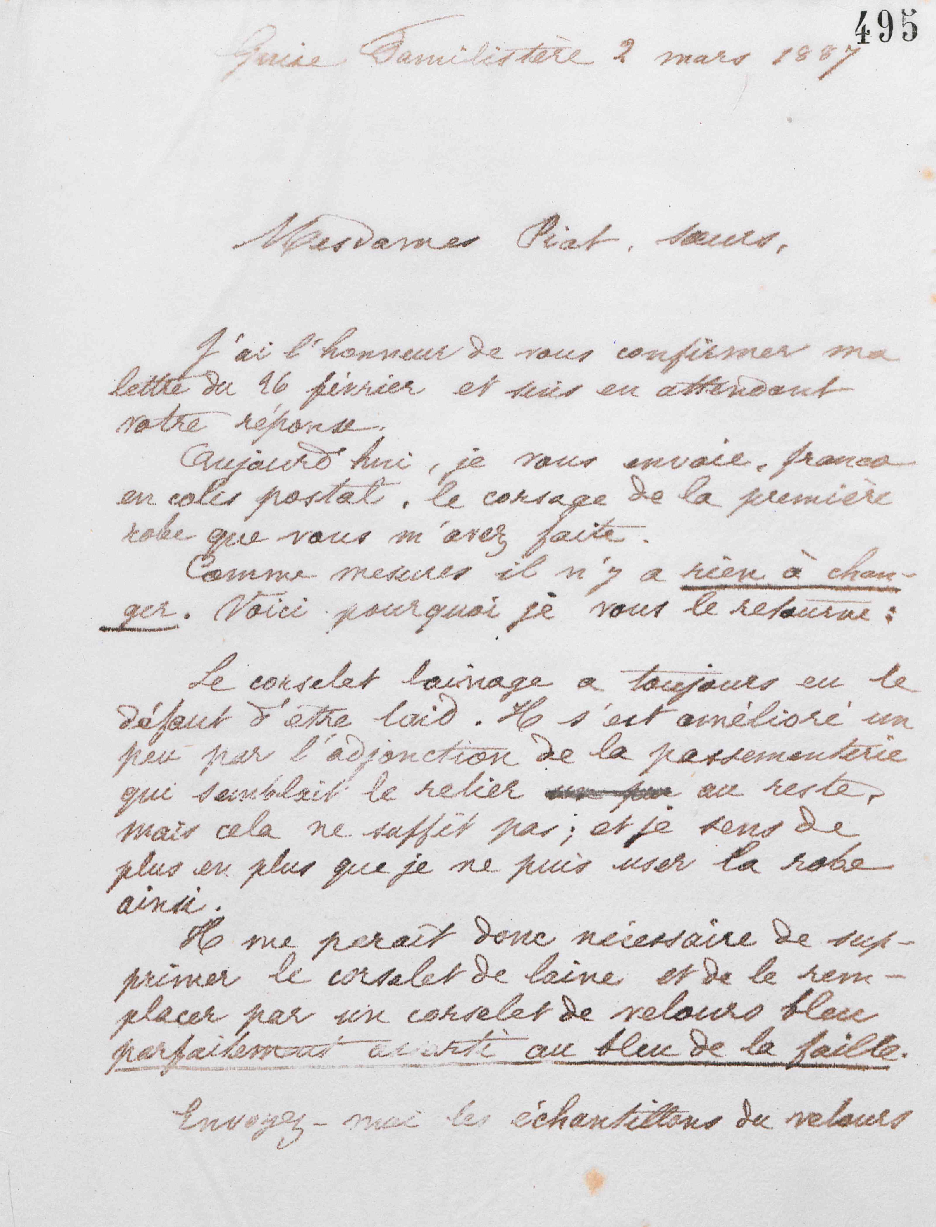 Marie Moret à Piat sœurs, 2 mars 1887