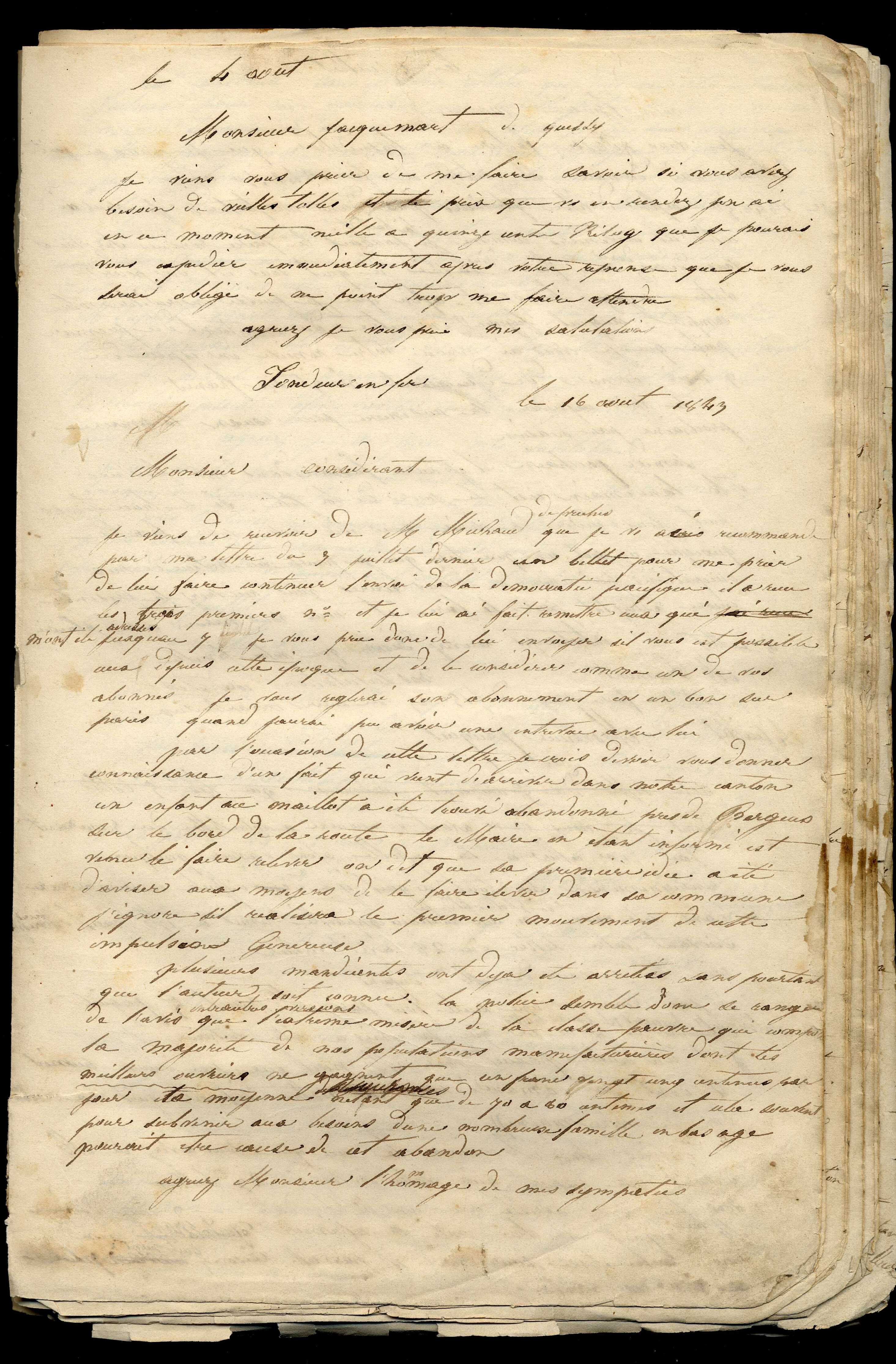 Jean-Baptiste André Godin à Victor Considerant, 16 août 1843 Jean-Baptiste André Godin à Victor Considerant, 16 août 1843