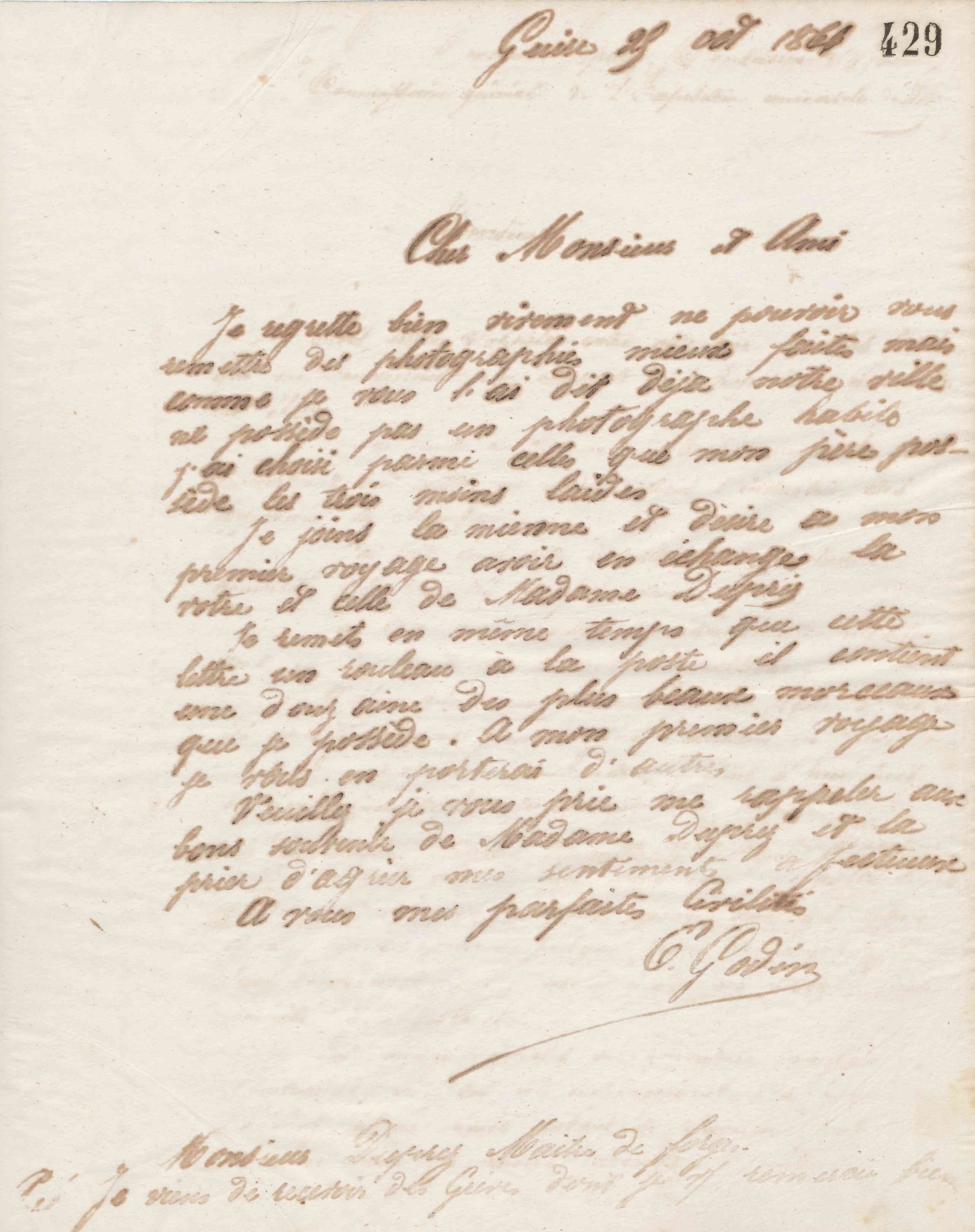 Émile Godin à Charles Duprez, 25 octobre 1866