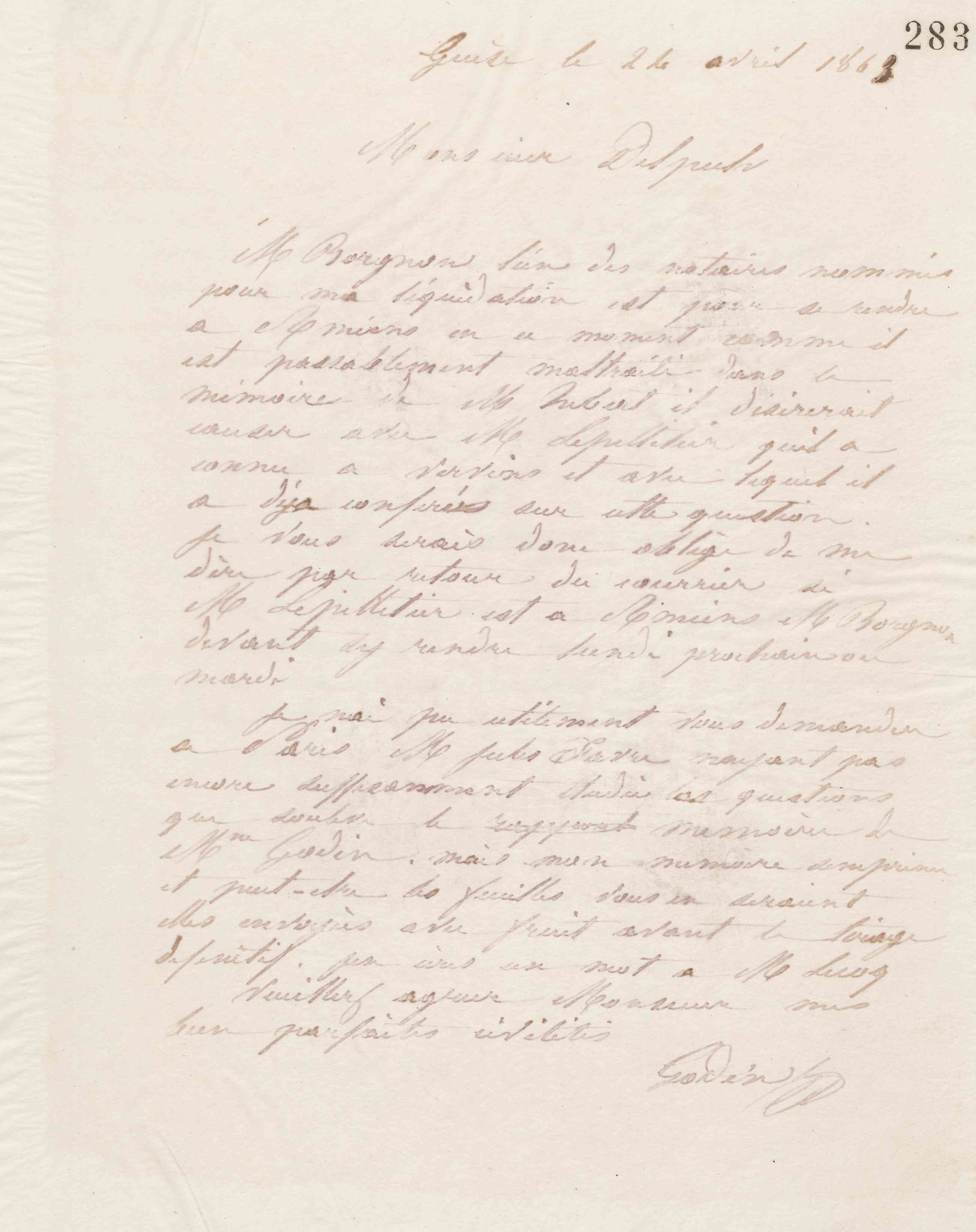 Jean-Baptiste André Godin à Alphonse Delpech, 24 avril 1868