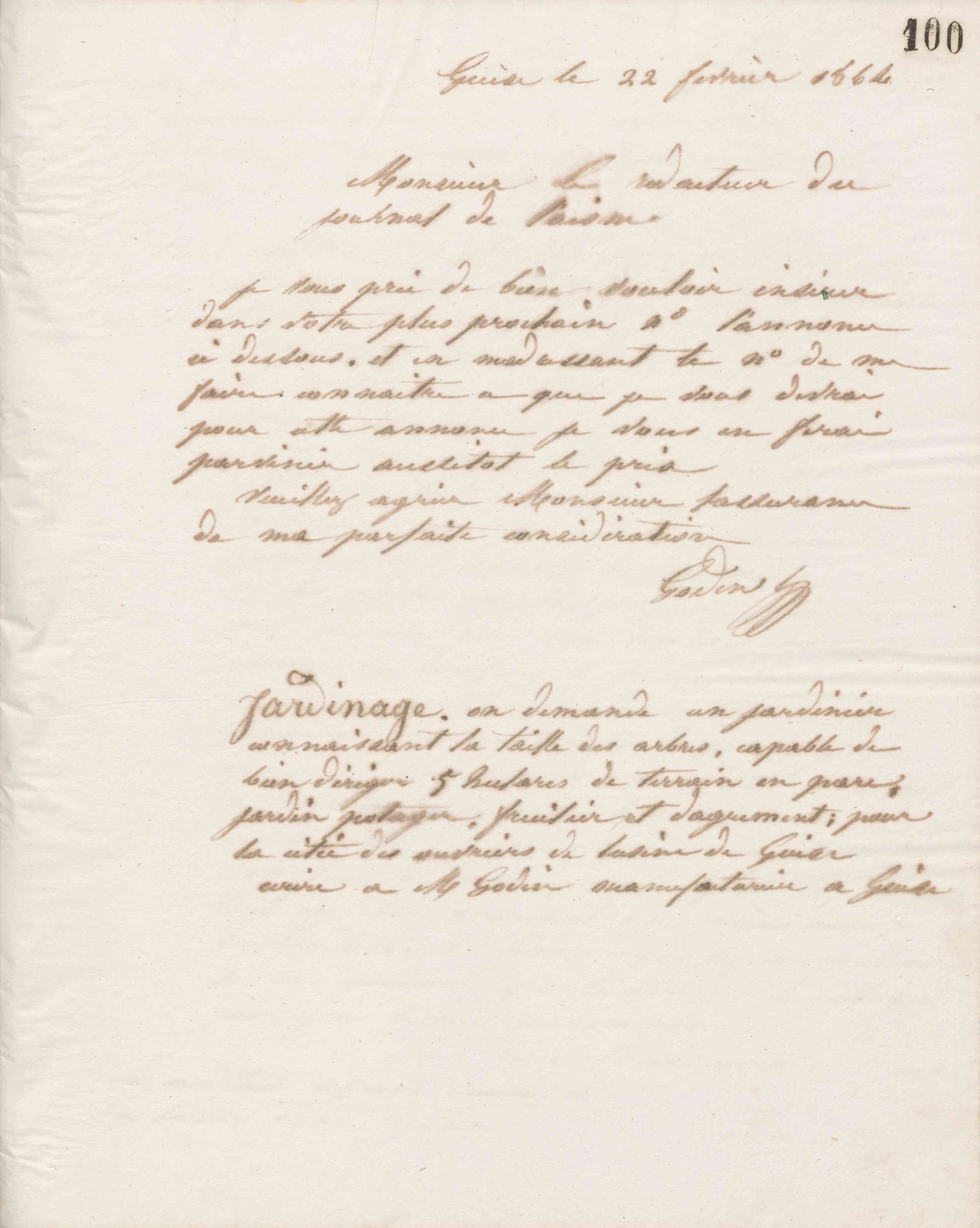 Jean-Baptiste André Godin au Journal de l&#039;Aisne, 22 février 1864