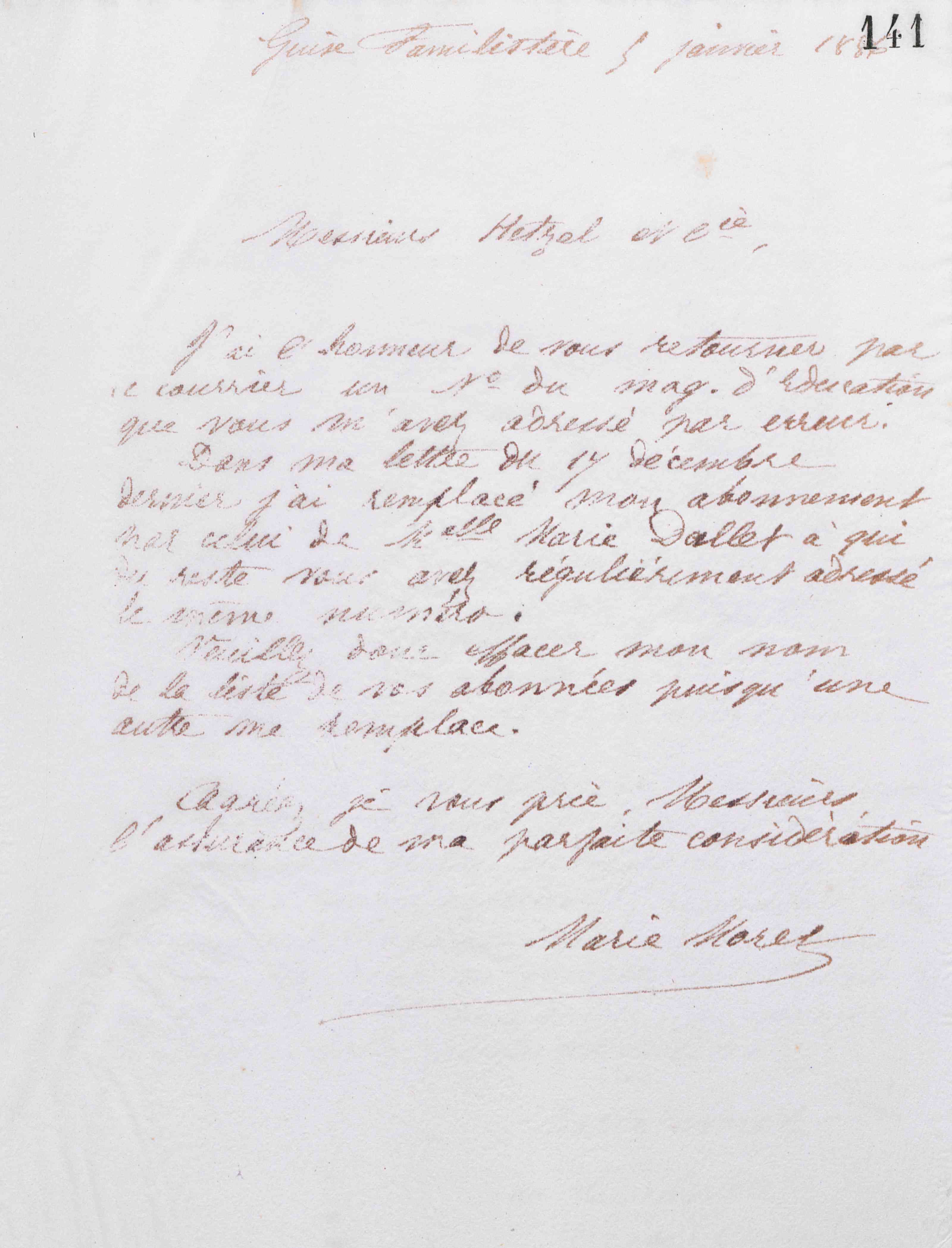 Marie Moret à Jules Hetzel et Cie, 5 janvier 1886