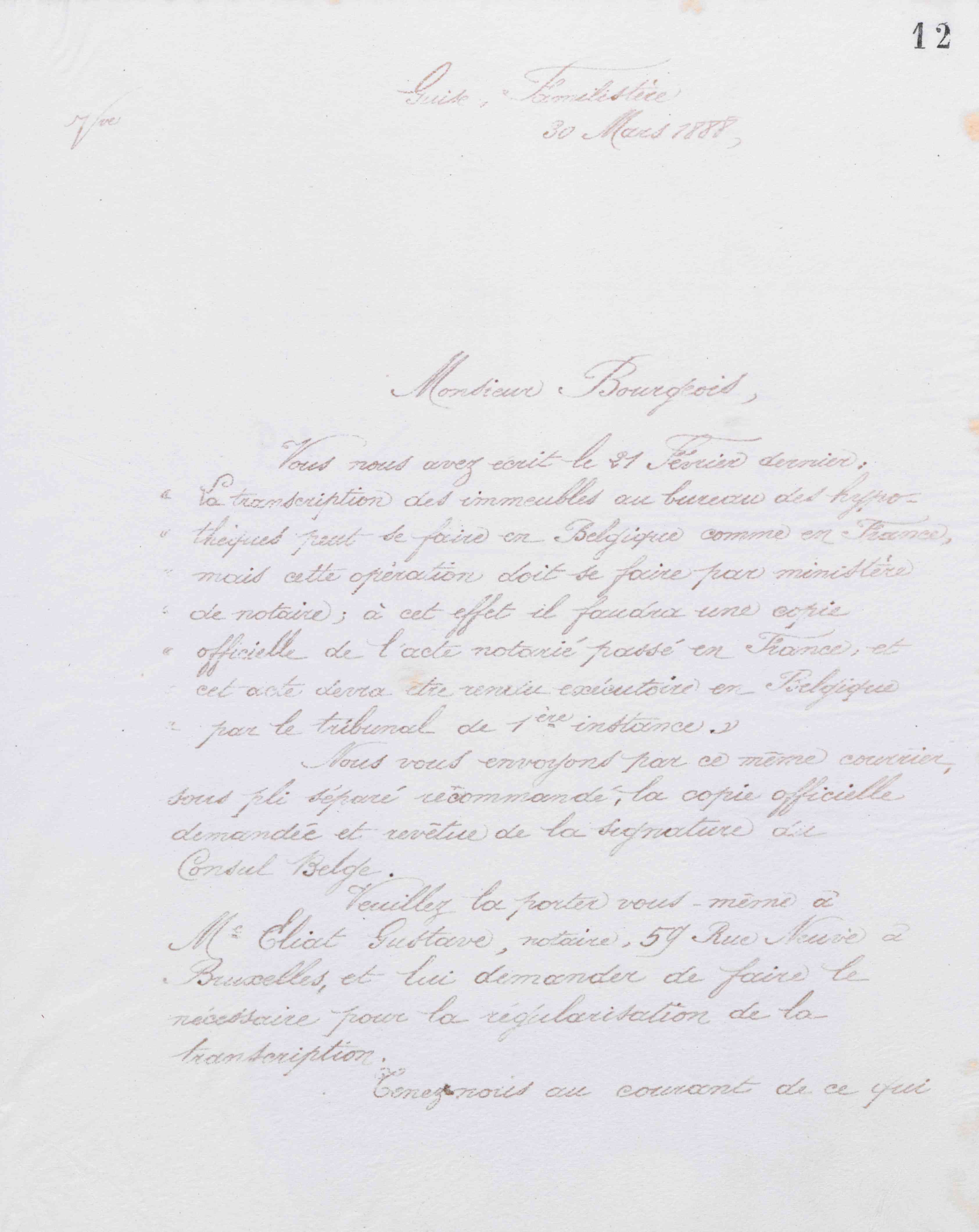 Marie Moret à monsieur B. Bourgeois, 30 mars 1888 Marie Moret à monsieur B. Bourgeois, 30 mars 1888