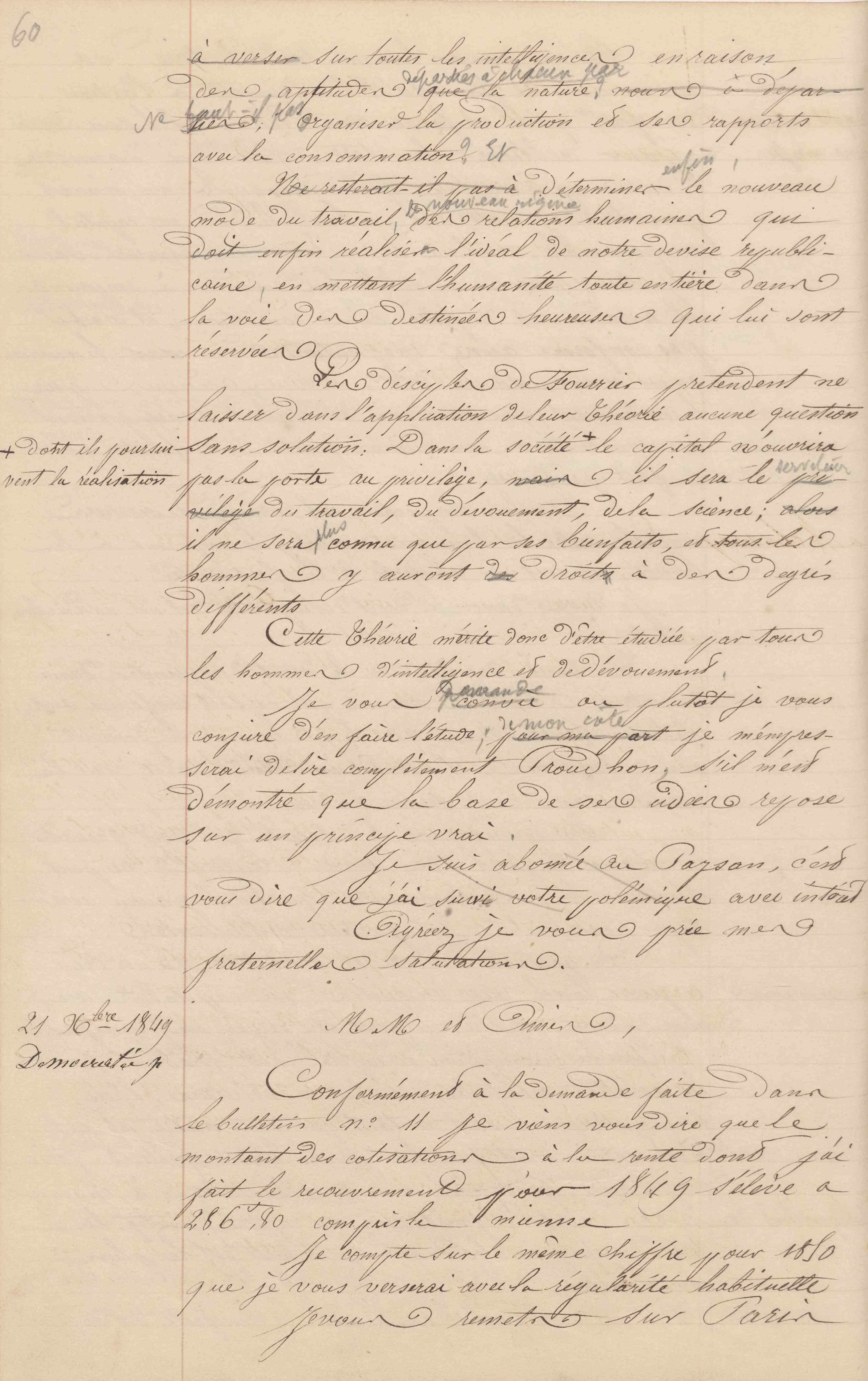 Jean-Baptiste André Godin aux gérants de La Démocratie pacifique, 21 décembre 1849