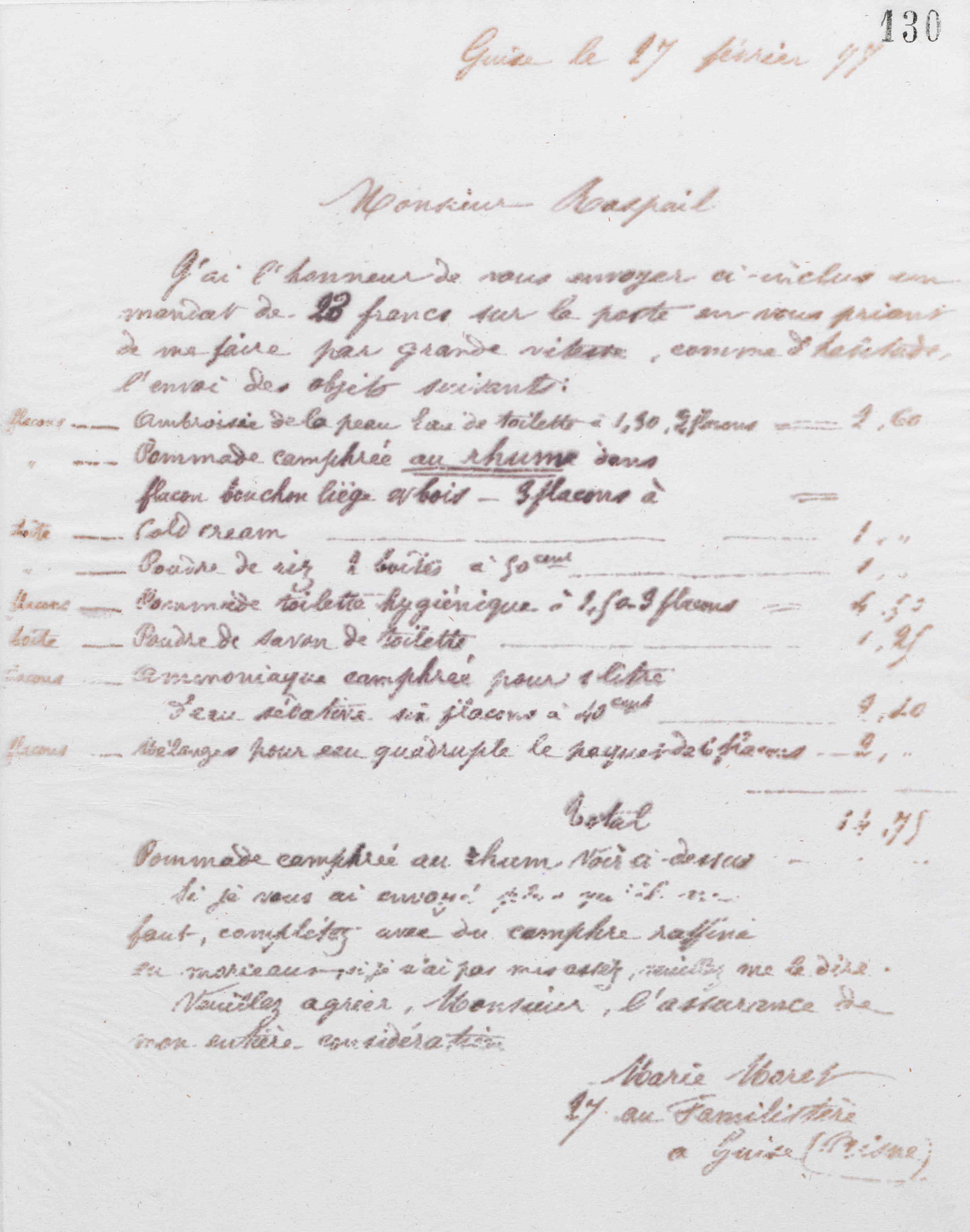 Marie Moret à Émile Raspail, 27 février 1877