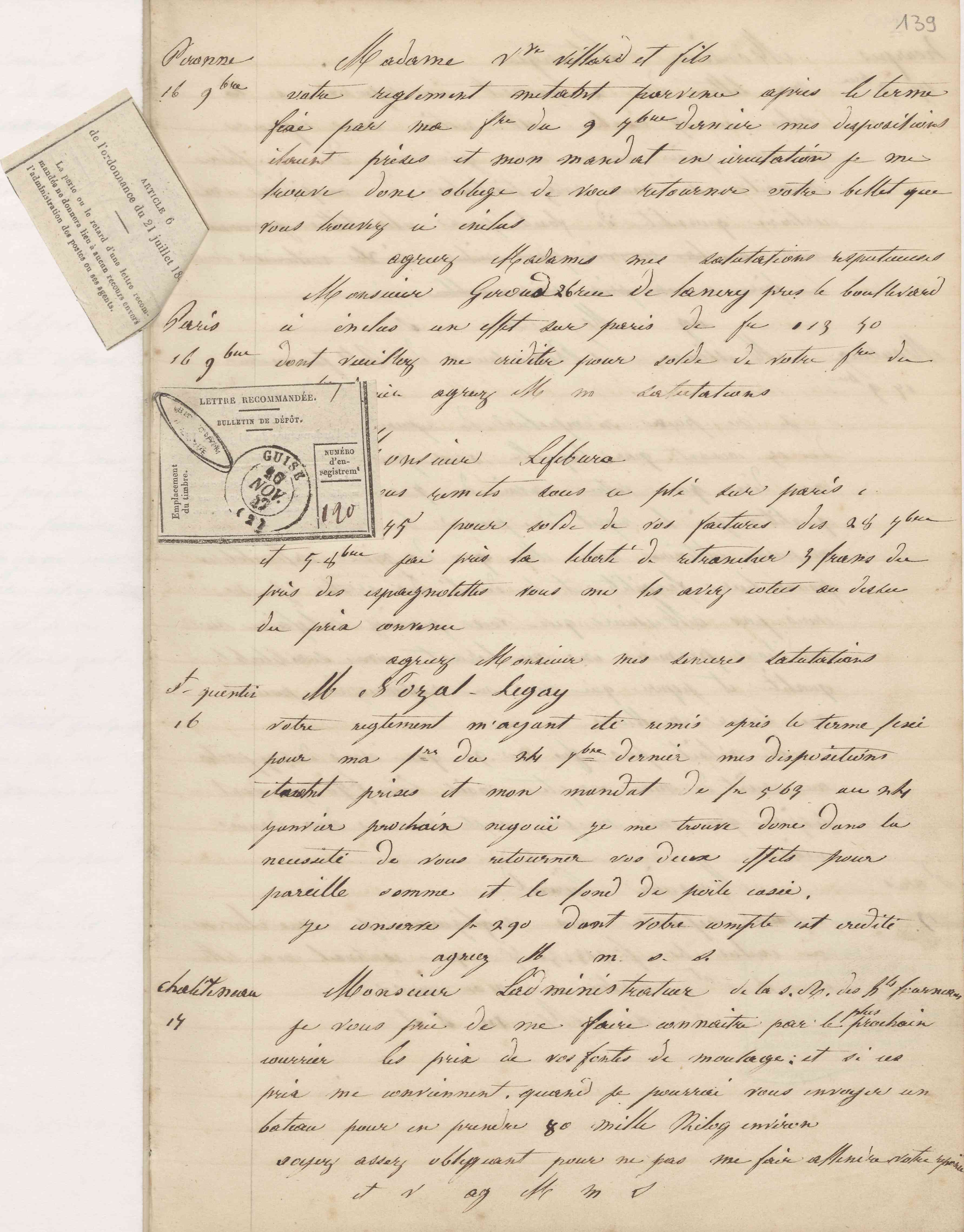 Jean-Baptiste André Godin à l'administrateur de la Société anonyme des hauts-fourneaux, usines et charbonnages de Châtelineau, 17 novembre 1847