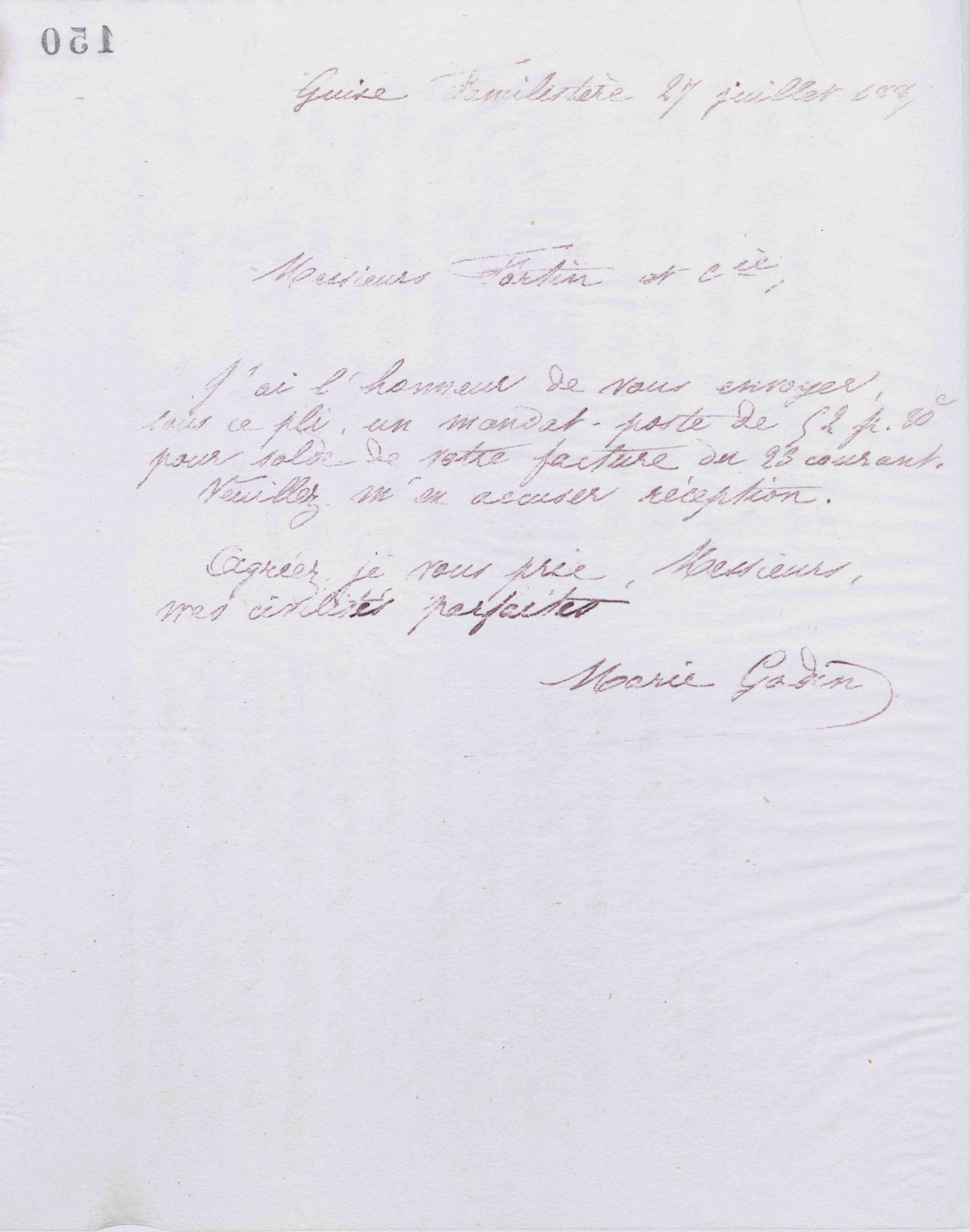 Marie Moret à Fortin et Cie, 27 juillet 1887