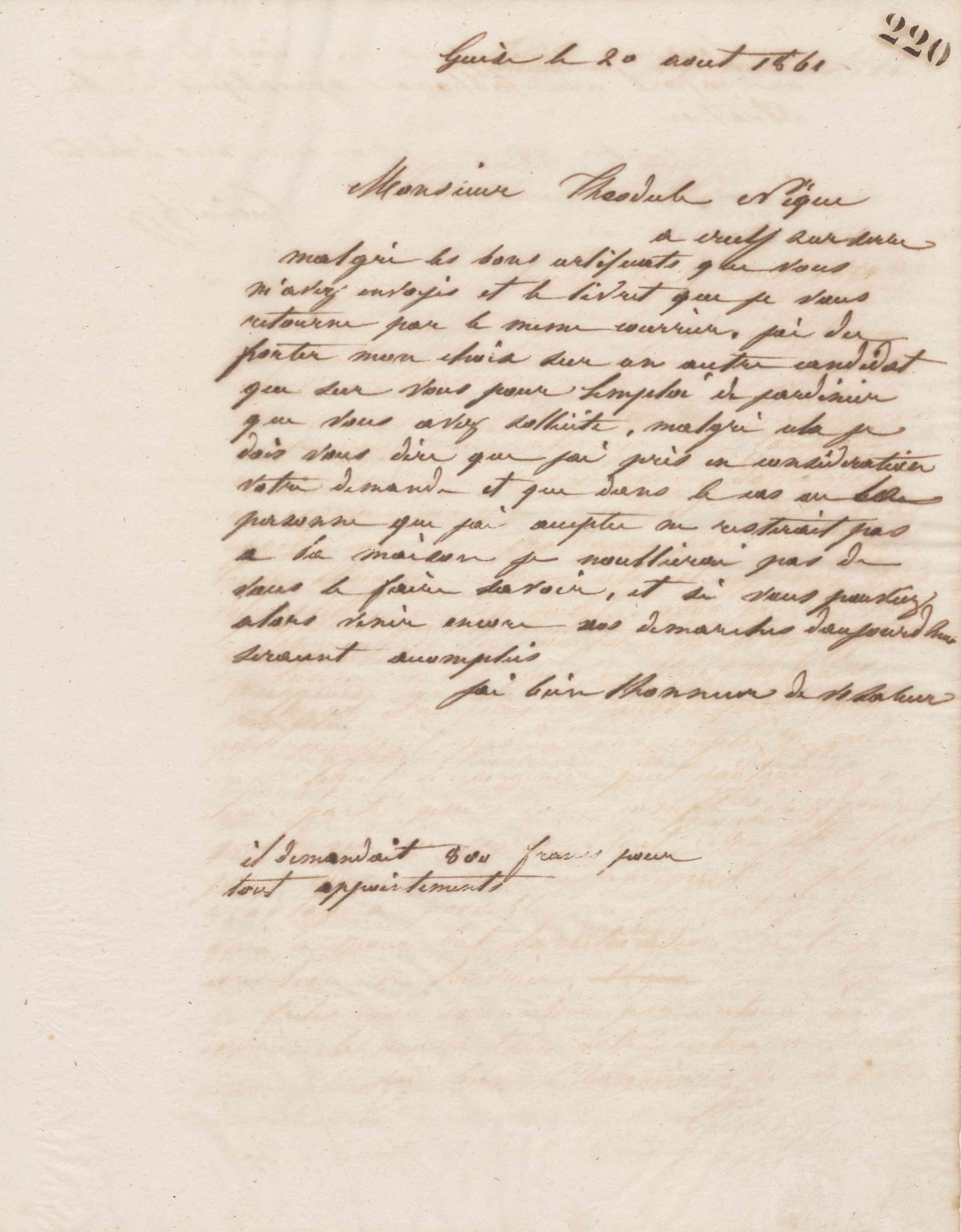 Jean-Baptiste André Godin à Théodule Nique, 20 août 1861