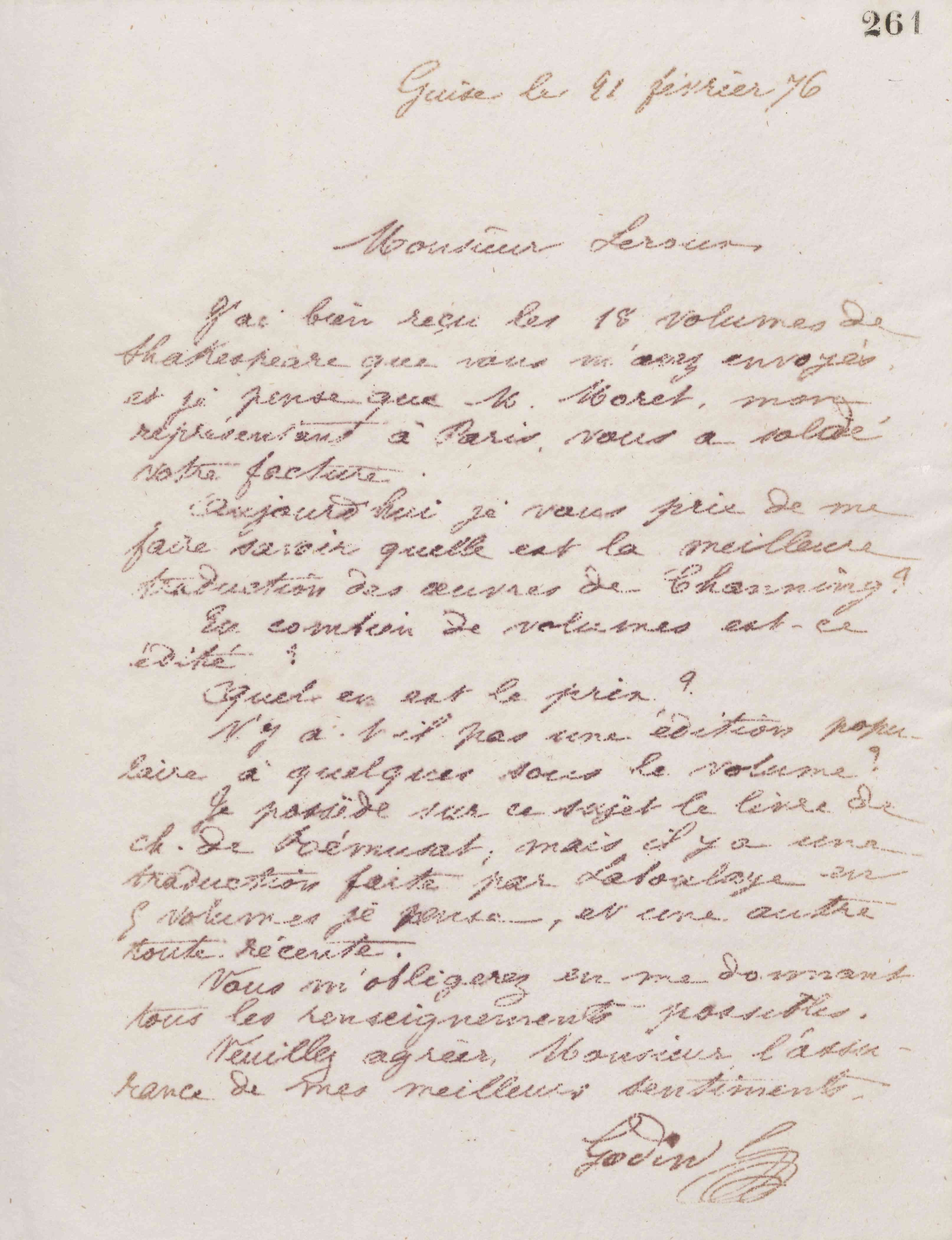 Jean-Baptiste André Godin à Ernest Leroux, 21 février 1876