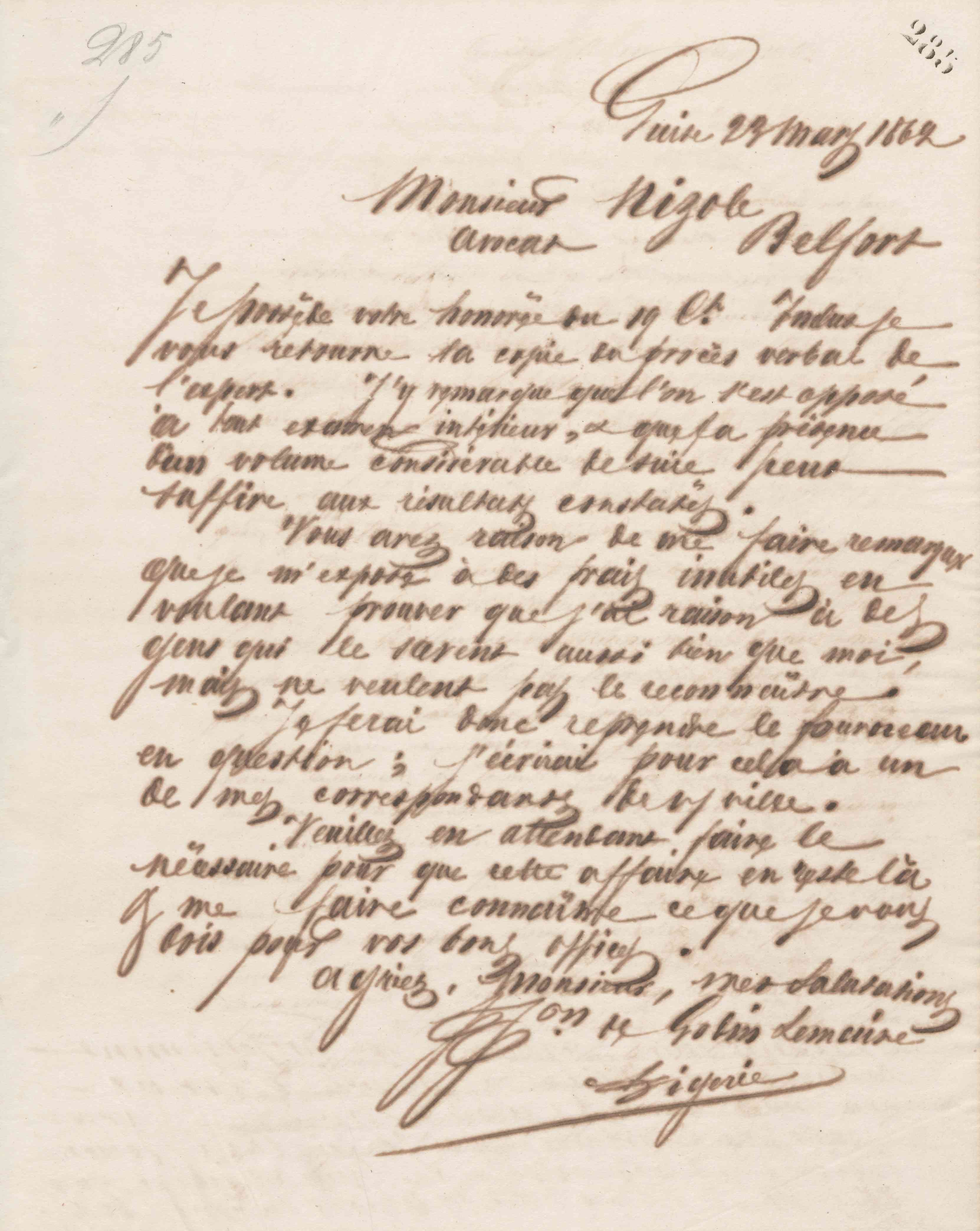 Jean-Baptiste André Godin à monsieur Nizole, 23 mars 1862