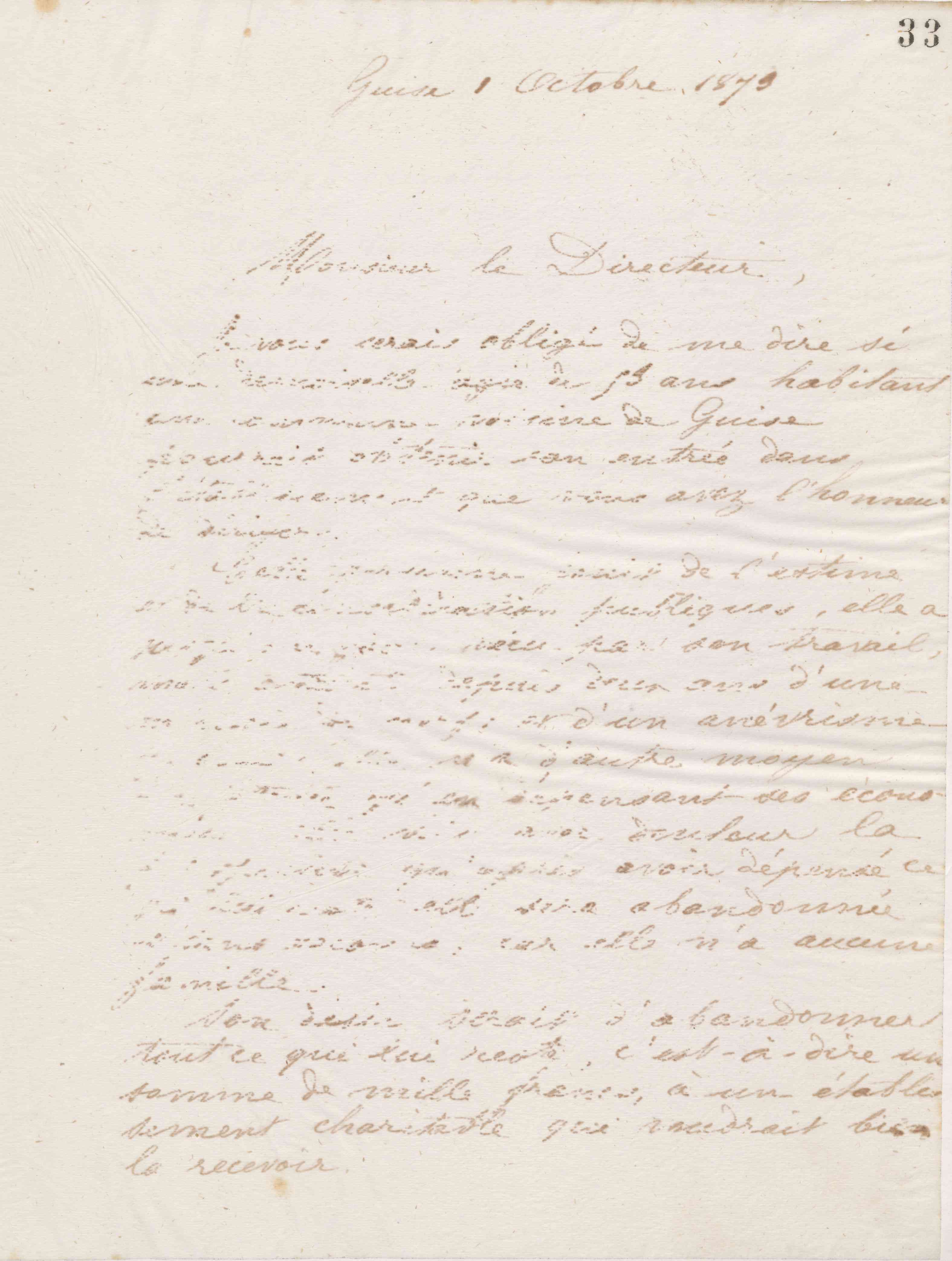 Jean-Baptiste André Godin à monsieur Gobert, 1er octobre 1873 Jean-Baptiste André Godin à monsieur Gobert, 1er octobre 1873