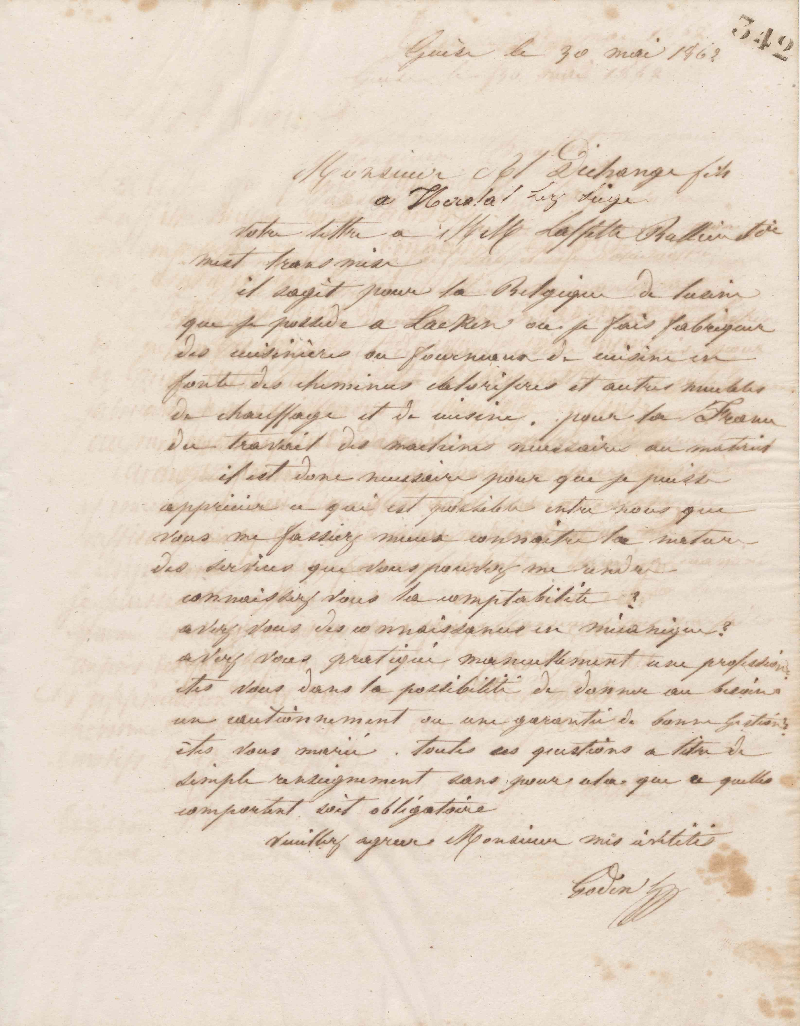 Jean-Baptiste André Godin à monsieur A. Duchange fils, 30 mai 1862 Jean-Baptiste André Godin à monsieur A. Duchange fils, 30 mai 1862