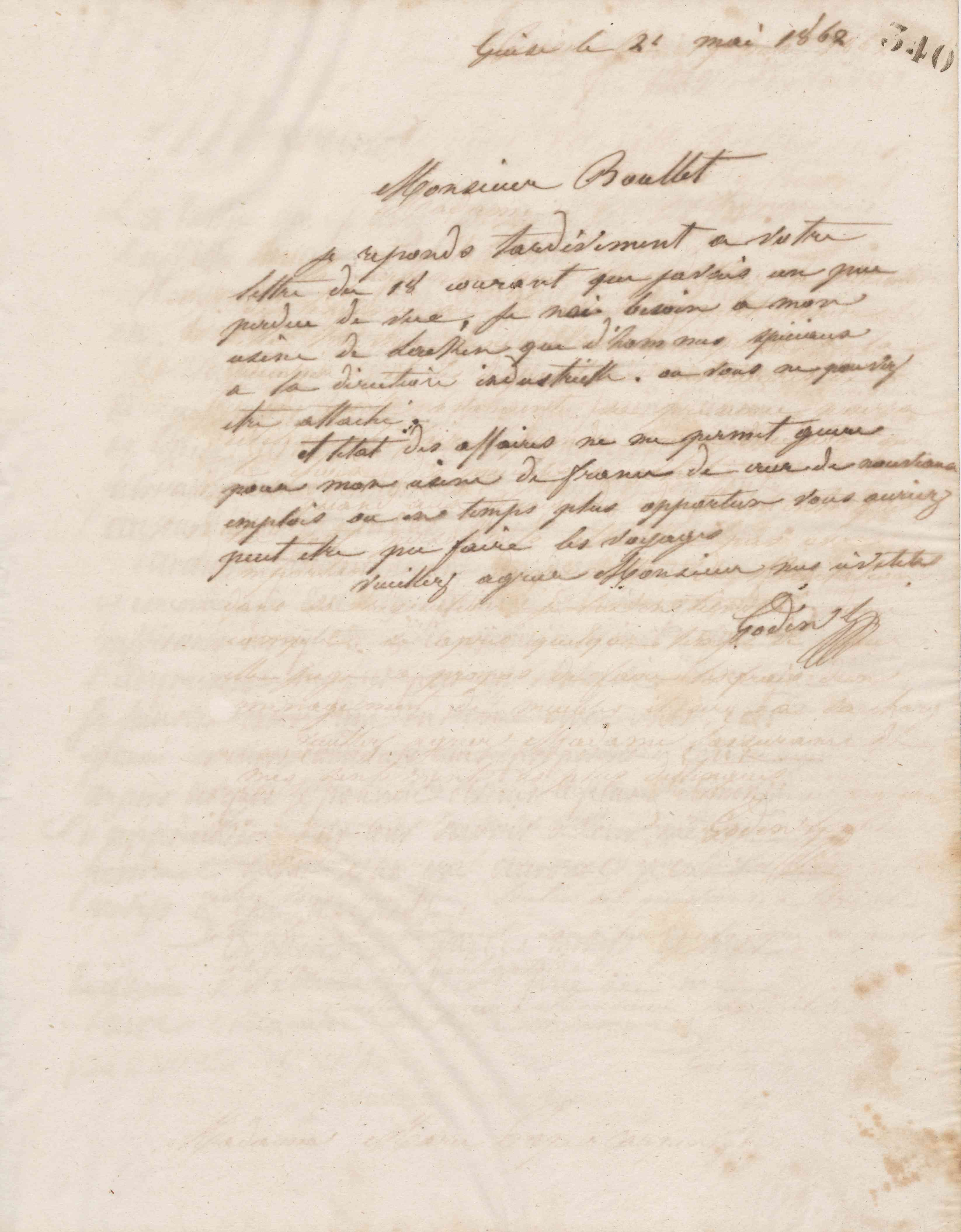 Jean-Baptiste André Godin à monsieur A. Boullet, 24 mai 1862 Jean-Baptiste André Godin à monsieur A. Boullet, 24 mai 1862