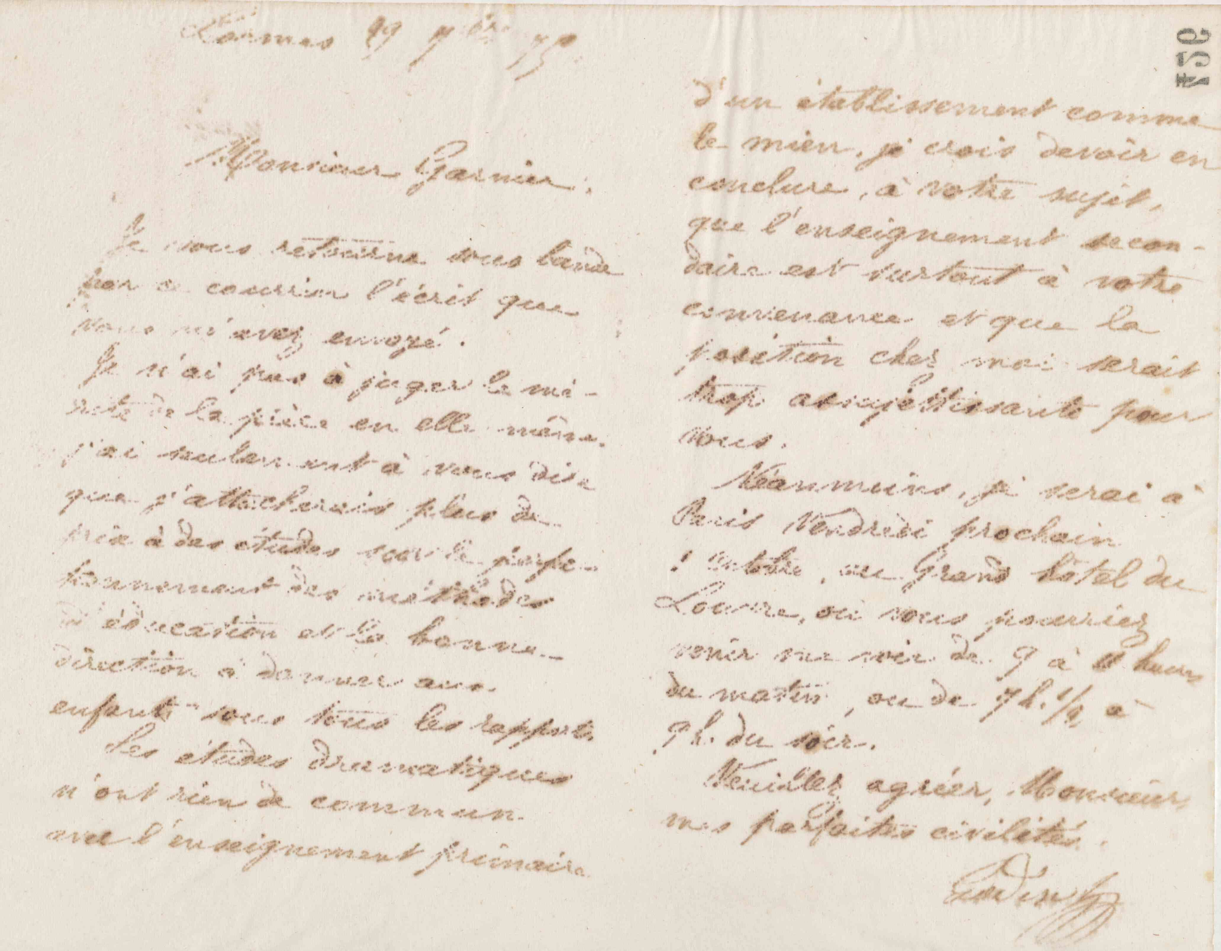 Jean-Baptiste André Godin à monsieur Garnier, 29 septembre 1875