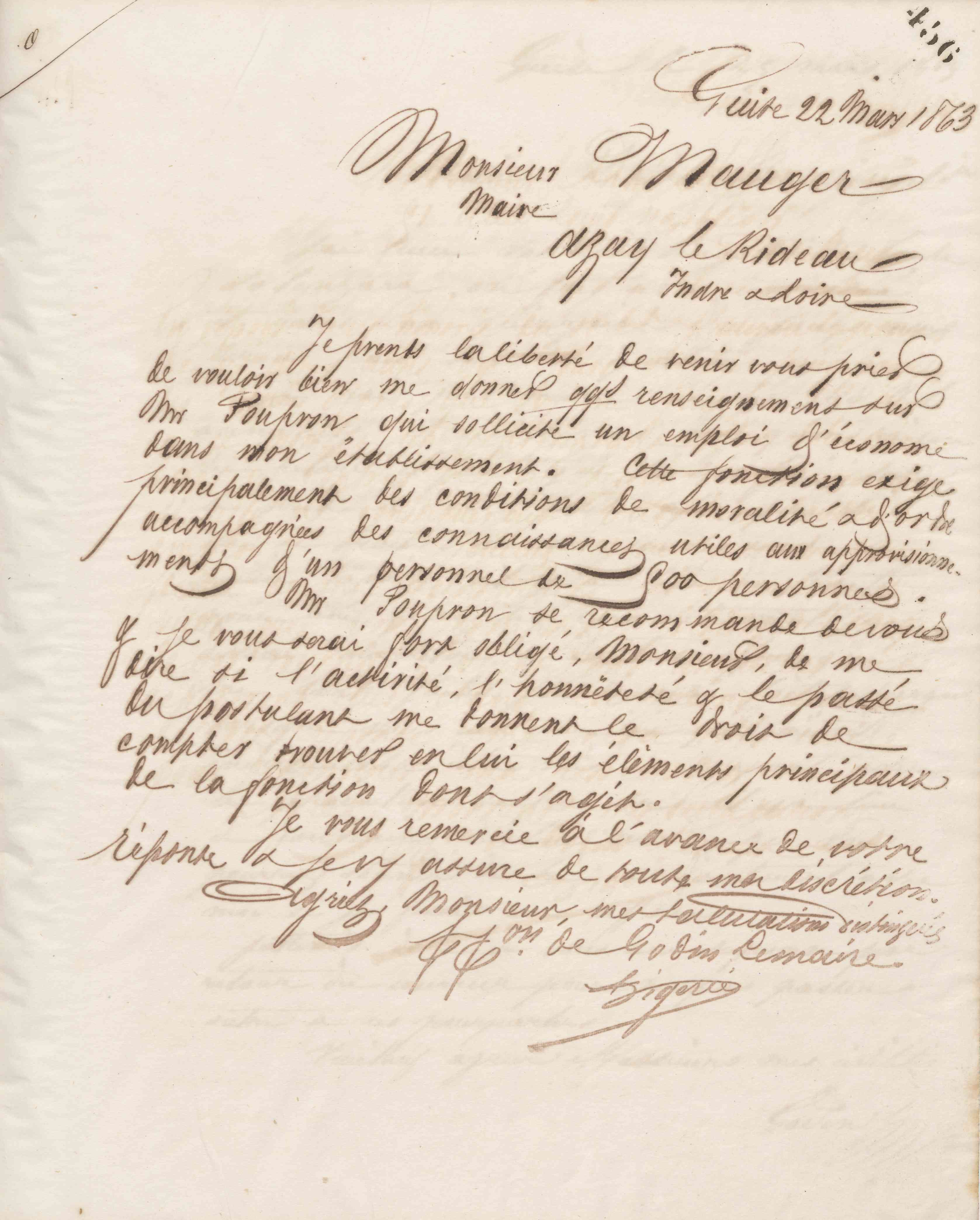 Jean-Baptiste André Godin à monsieur Mauger, 22 mars 1863