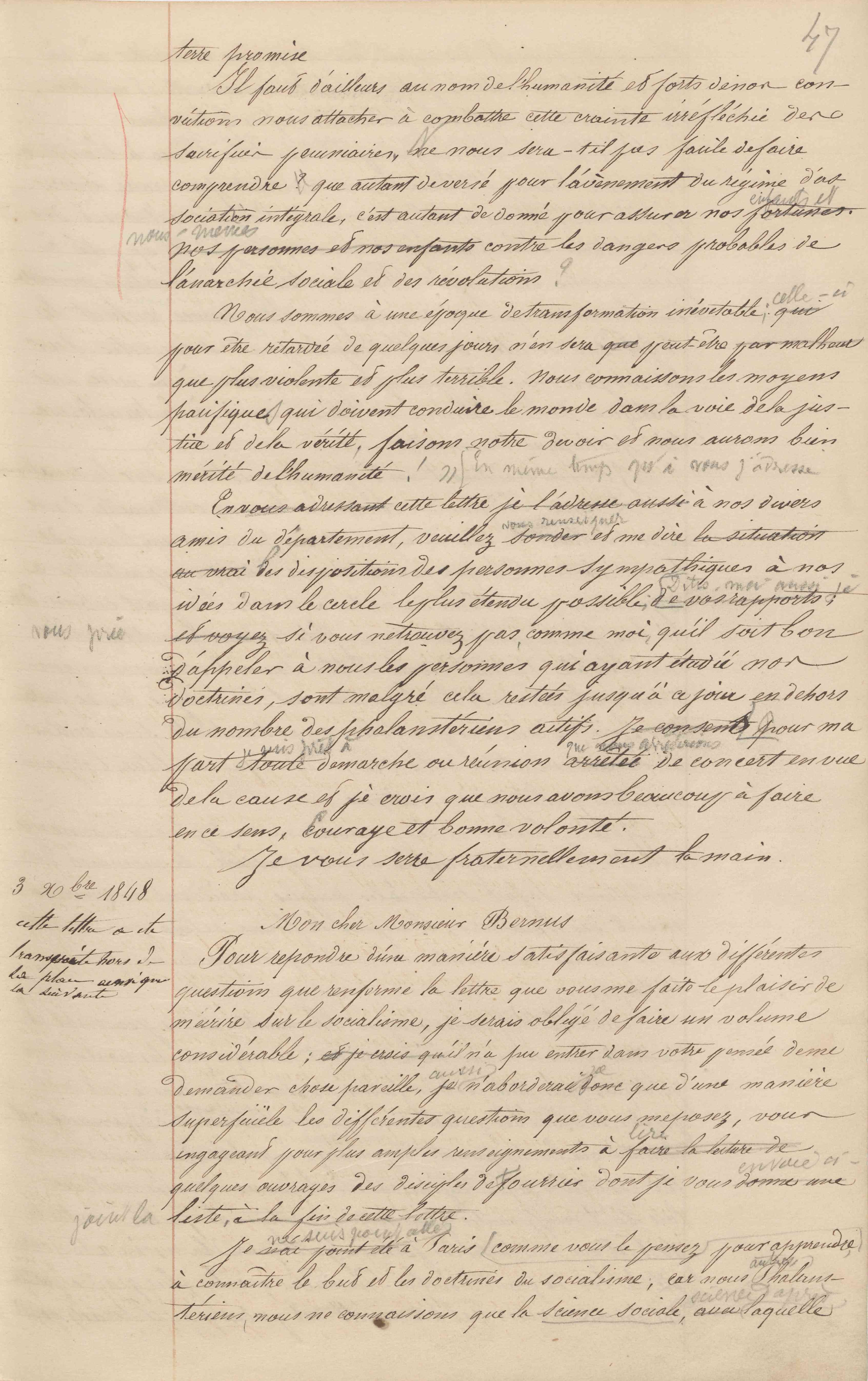 Jean-Baptiste André Godin à monsieur L. Bernus, 3 décembre 1848 Jean-Baptiste André Godin à monsieur L. Bernus, 3 décembre 1848