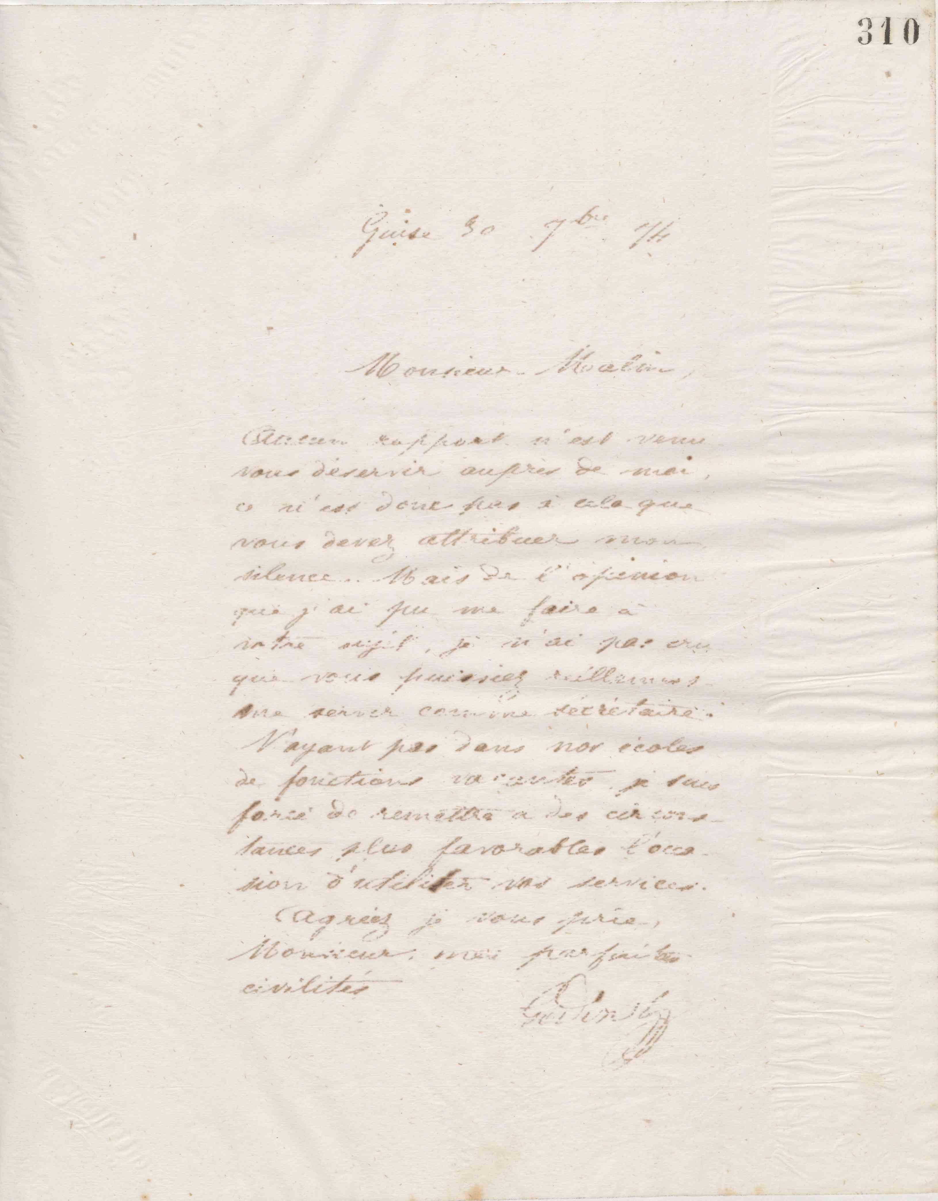 Jean-Baptiste André Godin à monsieur Malin, 30 septembre 1874 Jean-Baptiste André Godin à monsieur Malin, 30 septembre 1874