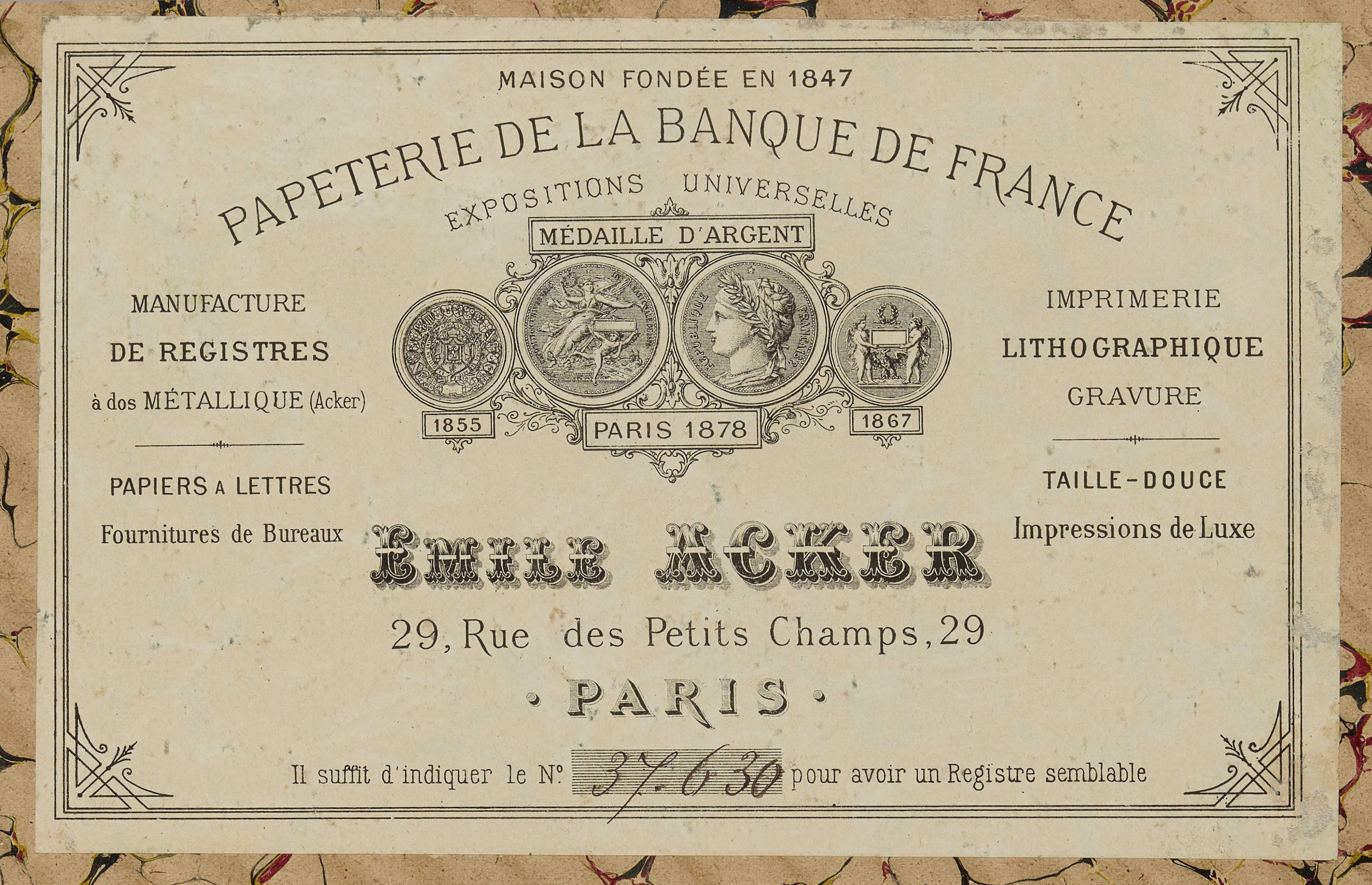 Étiquette du fabricant du registre sur le contreplat de la reliure du Registre des acquisitions du département des imprimés de la Bibliothèque nationale de France n° 15, 1888-1889 Paris, Bibliothèque nationale de France Source : gallica.bnf.fr / BnF
