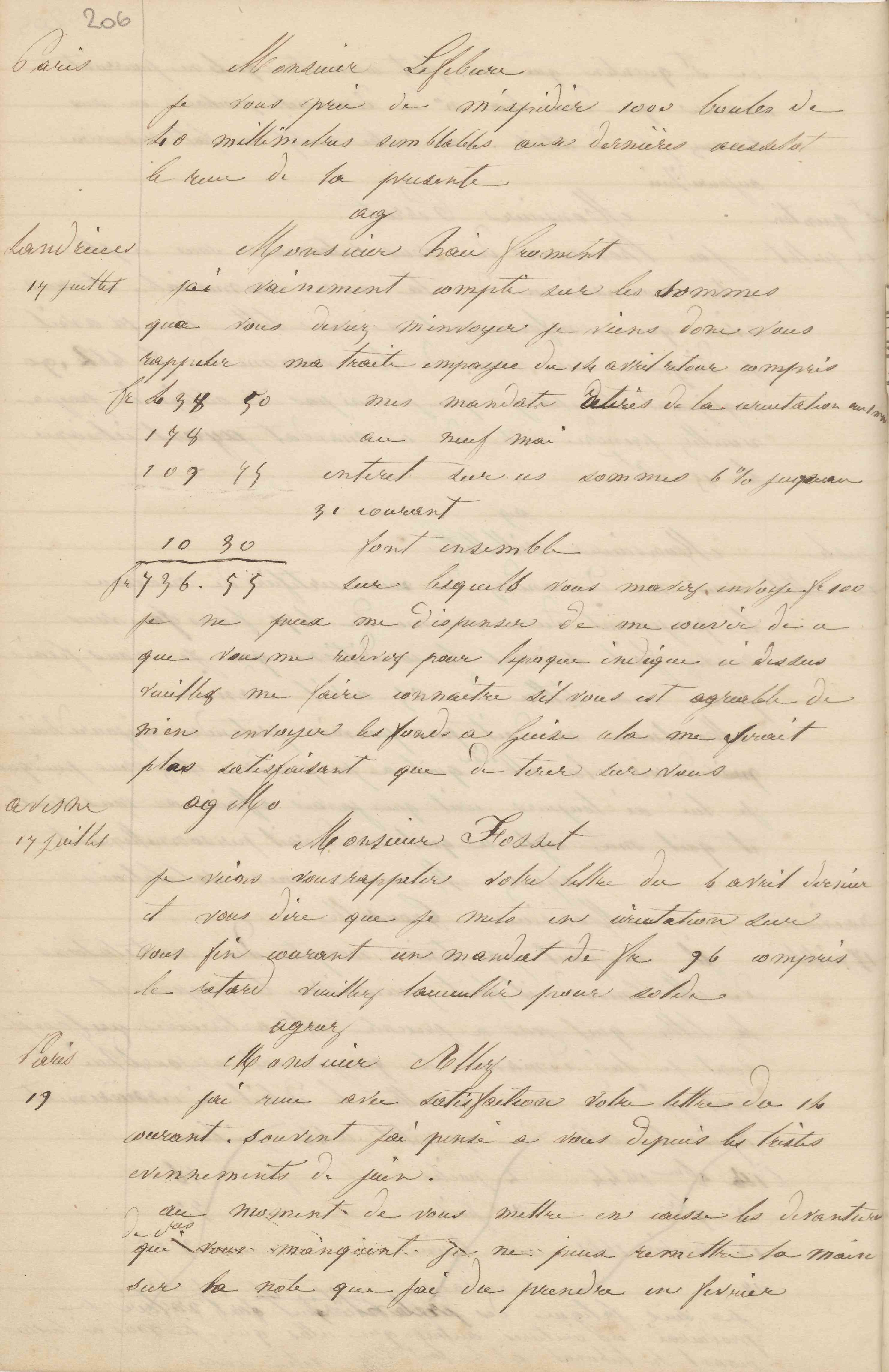 Jean-Baptiste André Godin à monsieur Lefébure, 17 juillet 1848
