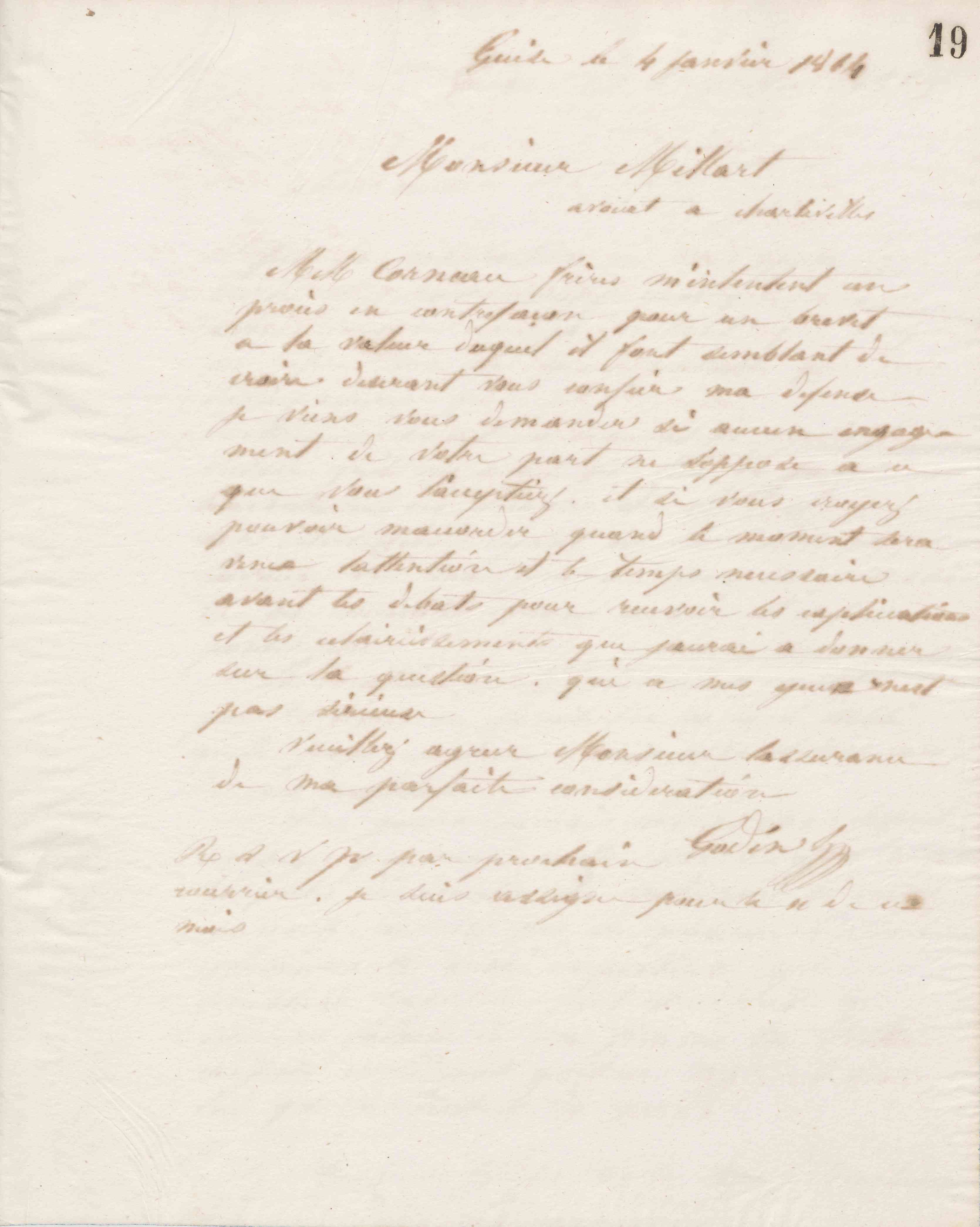 Jean-Baptiste André Godin à monsieur J. Millart, 4 janvier 1864