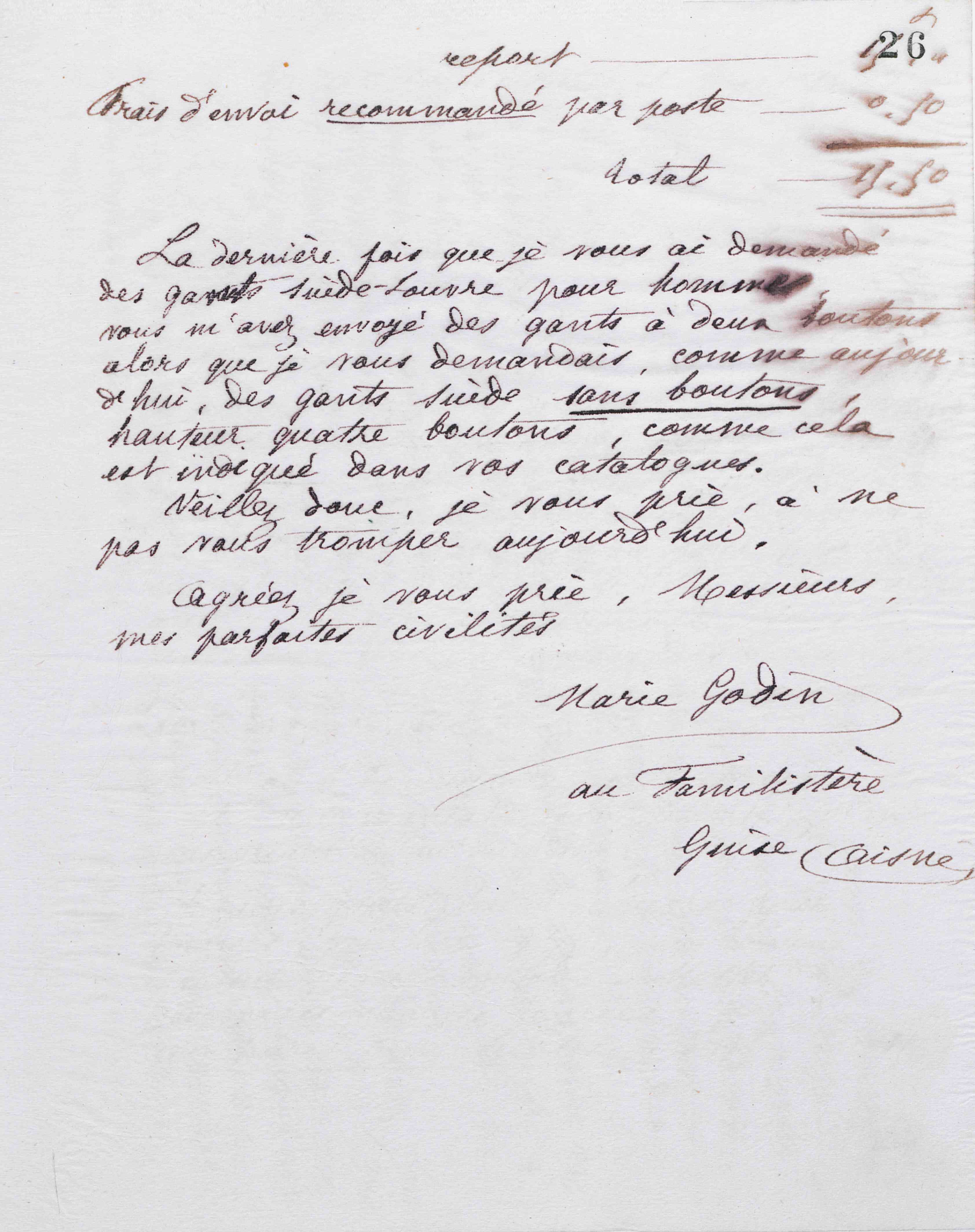 Marie Moret aux administrateurs des Grands magasins du Louvre, 21 mars 1887