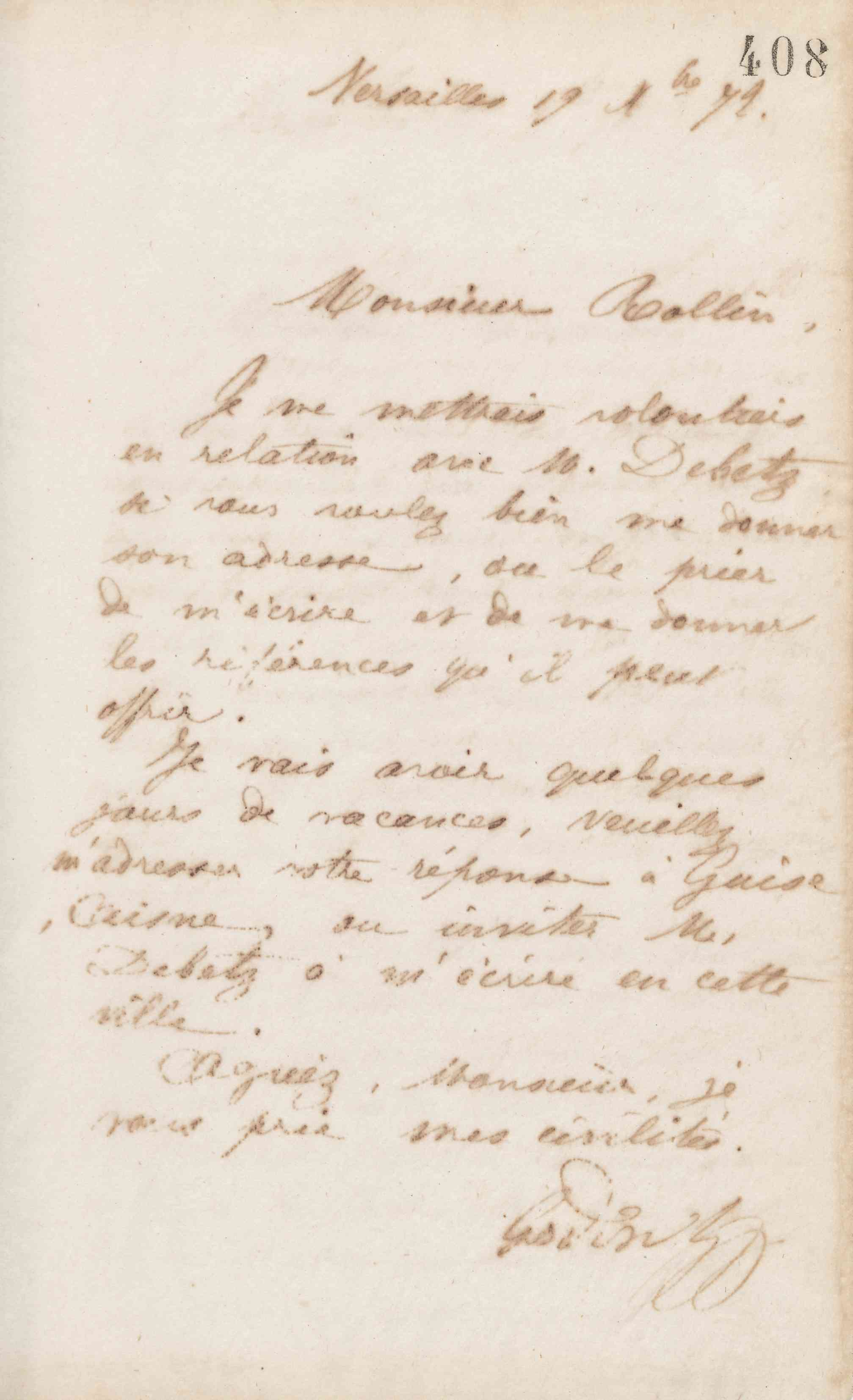 Jean-Baptiste André Godin à monsieur Rollin, 19 décembre 1872