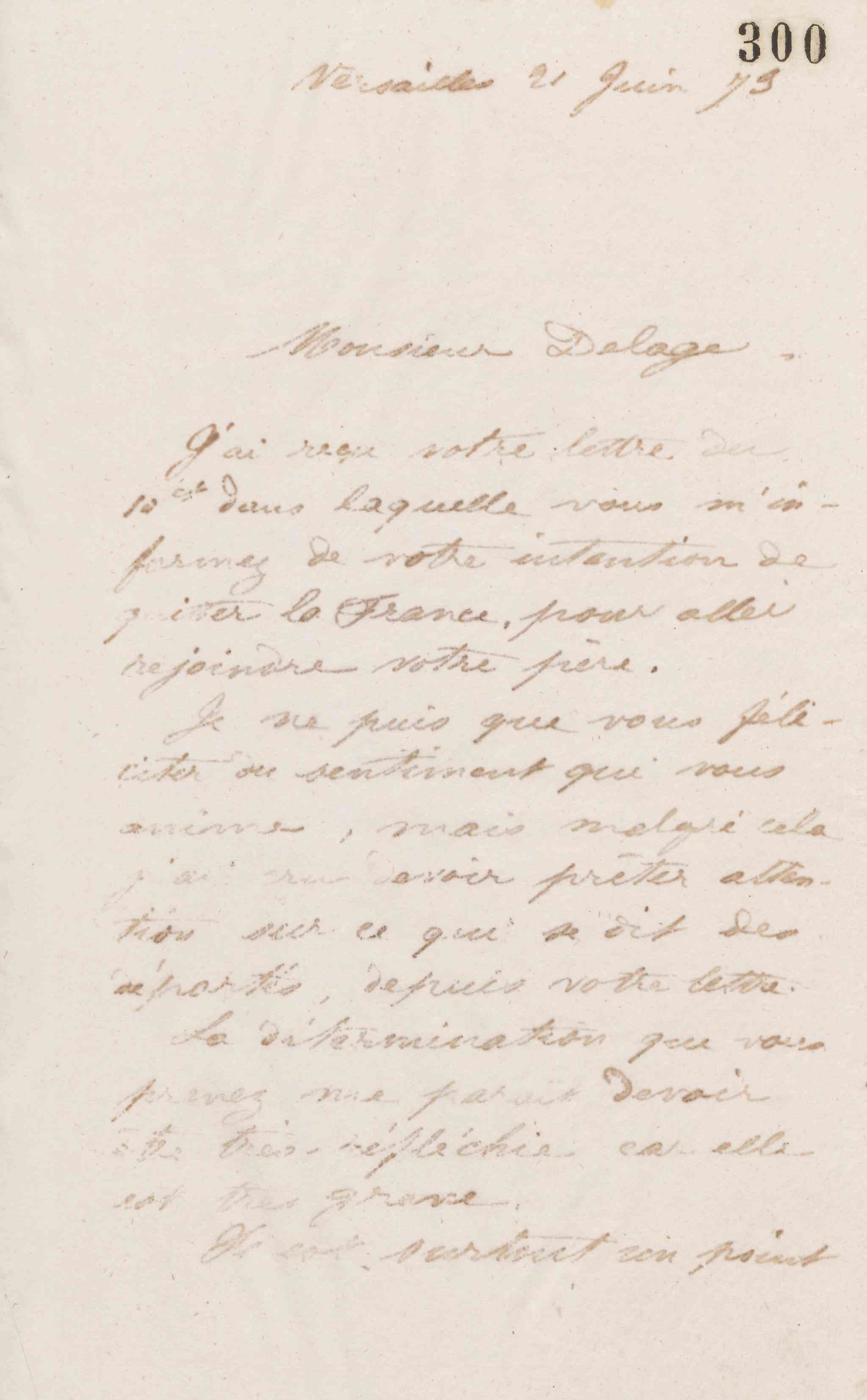 Jean-Baptiste André Godin à monsieur Delage, 21 juin 1873