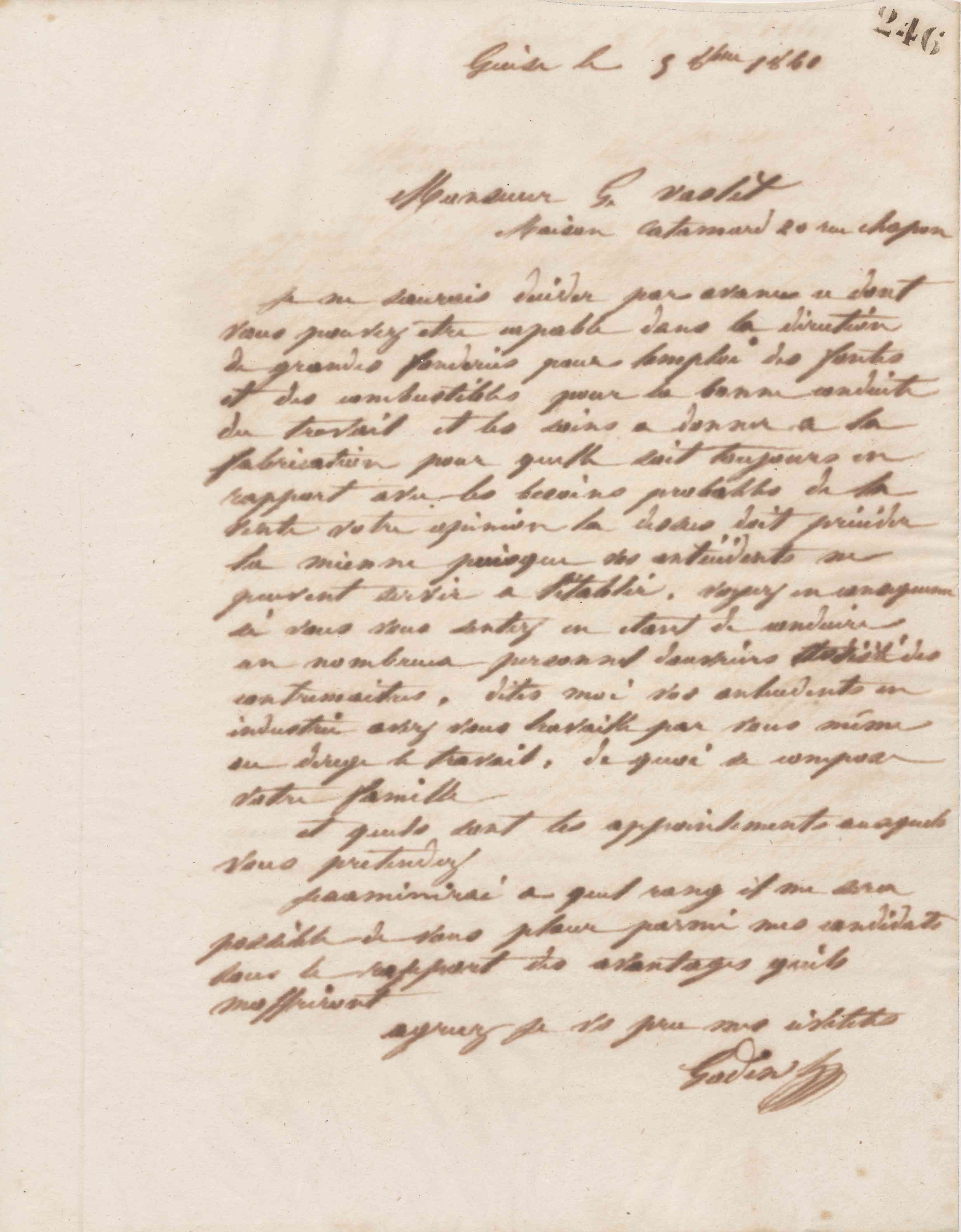 Jean-Baptiste André Godin à monsieur G. Vaslet, 5 octobre 1860