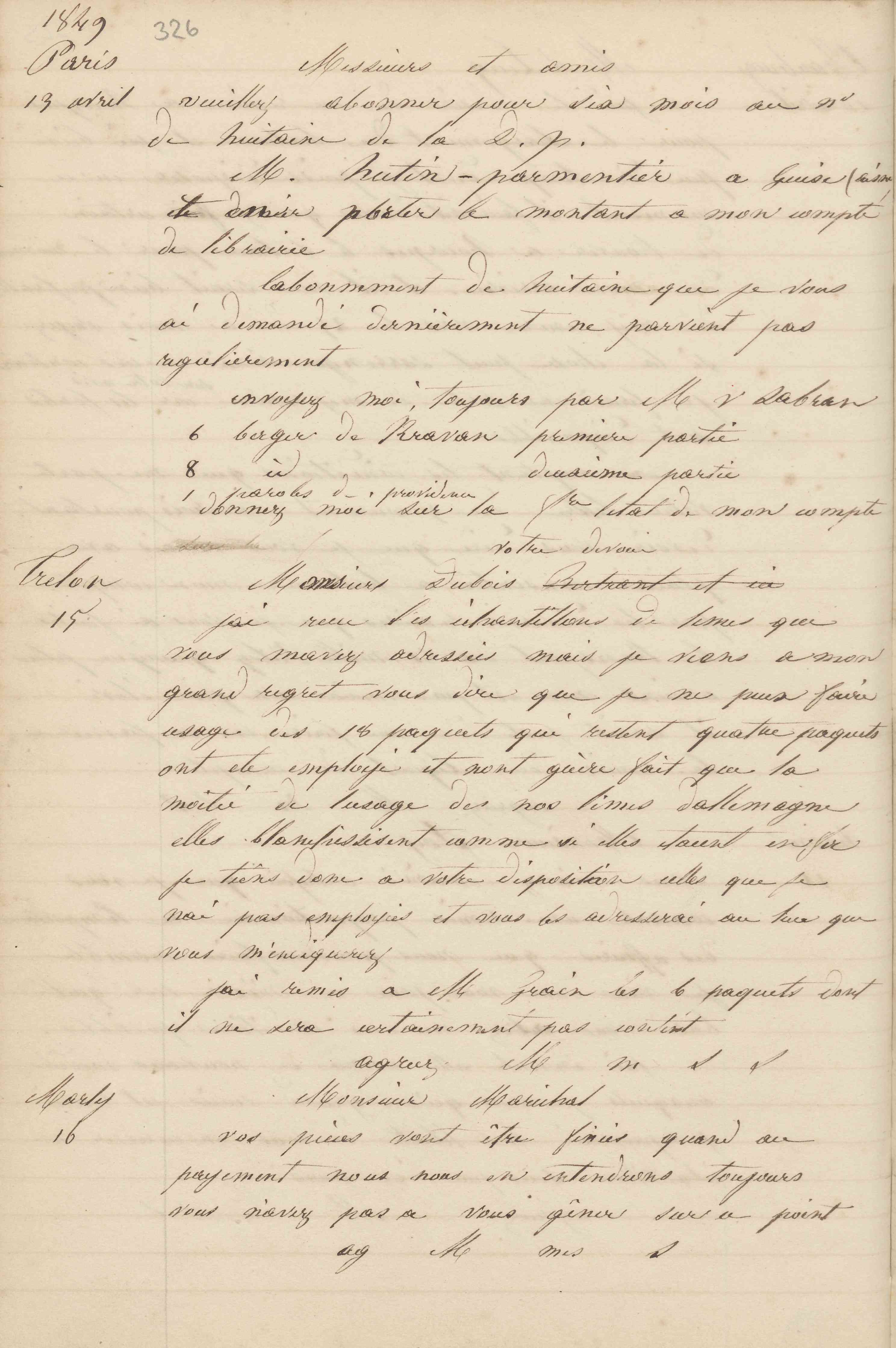 Jean-Baptiste André Godin à monsieur Maréchal, 16 avril 1849