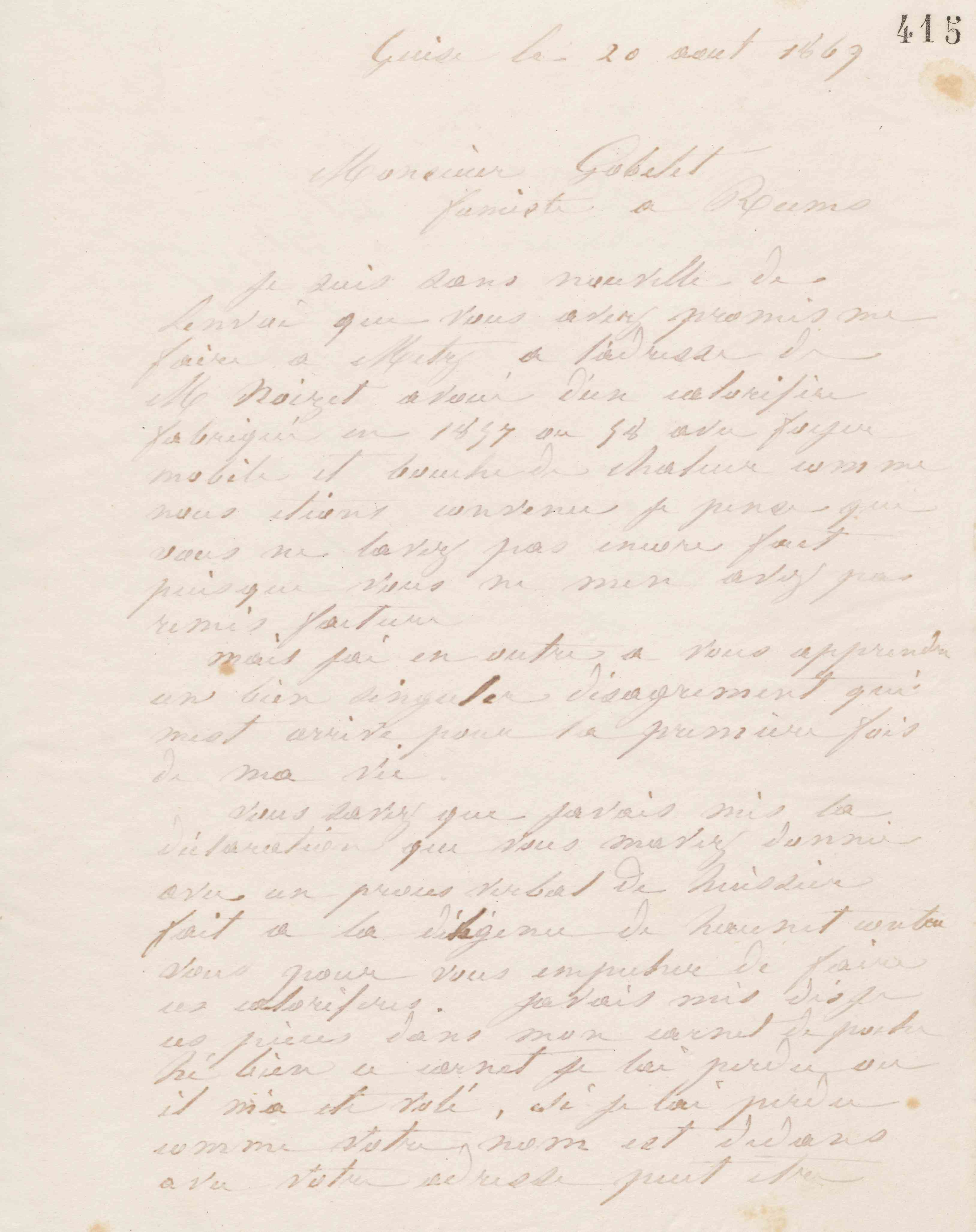 Jean-Baptiste André Godin à monsieur Gobelet, 20 août 1869