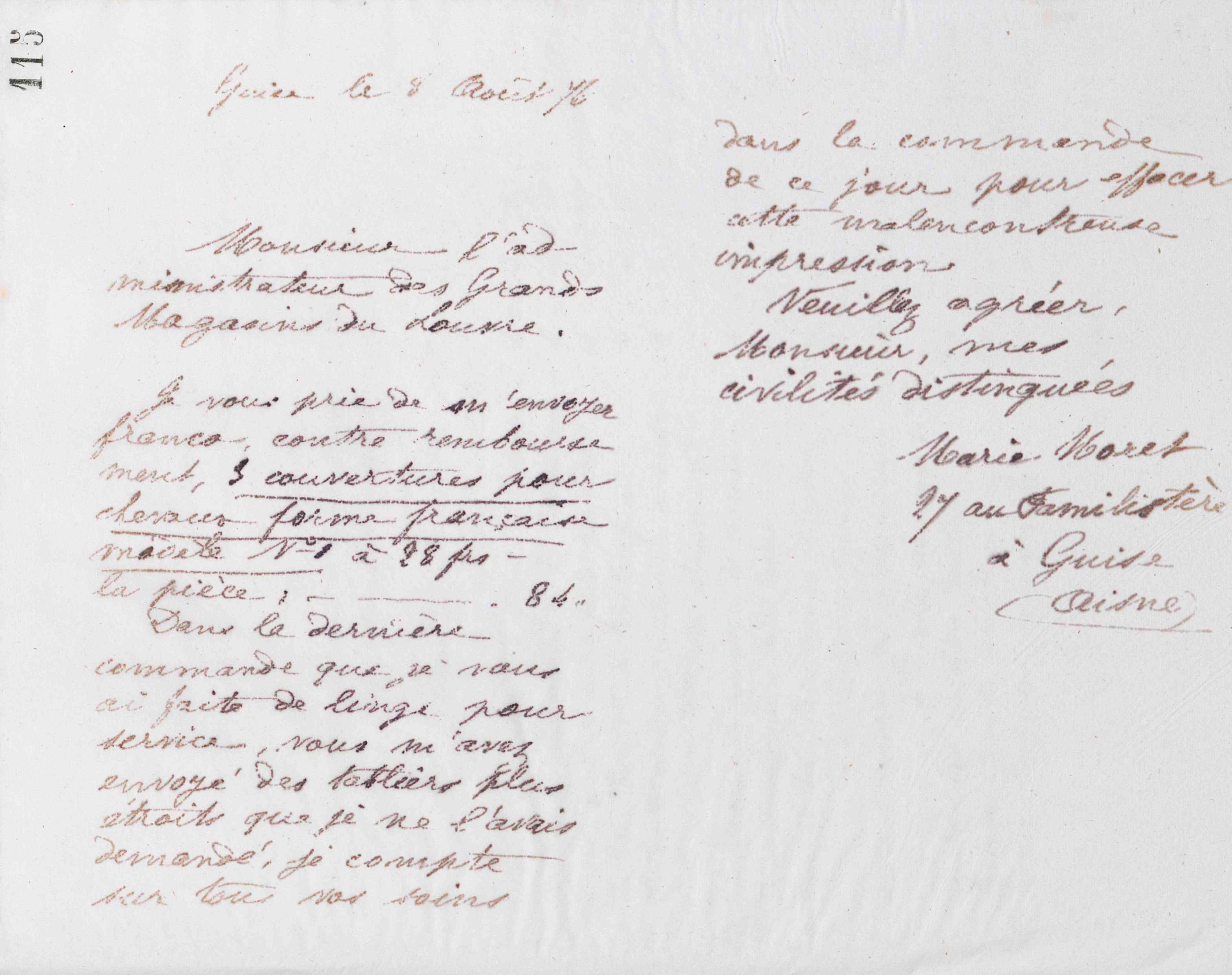 Marie Moret aux Grands magasins du Louvre, 8 août 1876