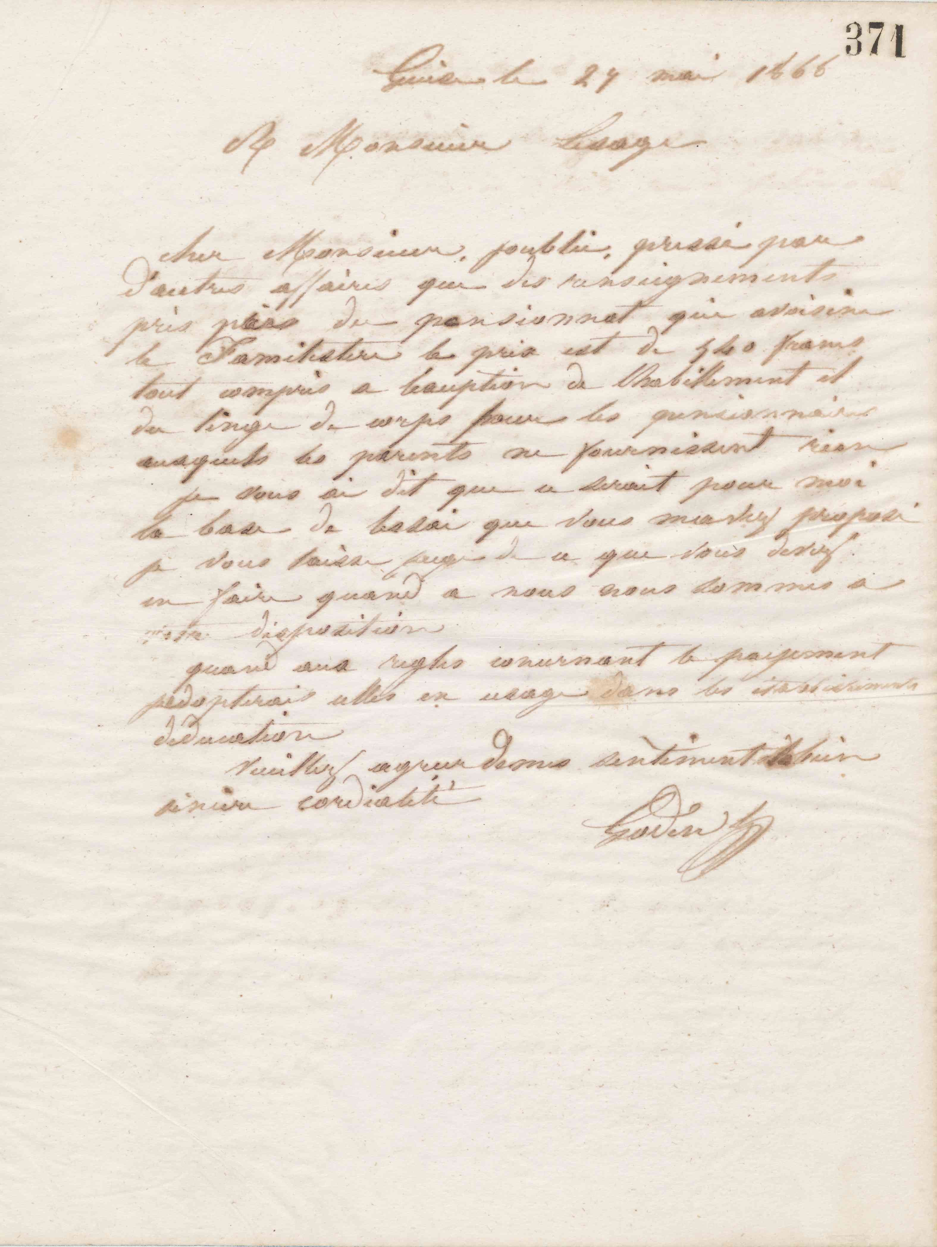 Jean-Baptiste André Godin à monsieur Lesage, 27 mai 1866