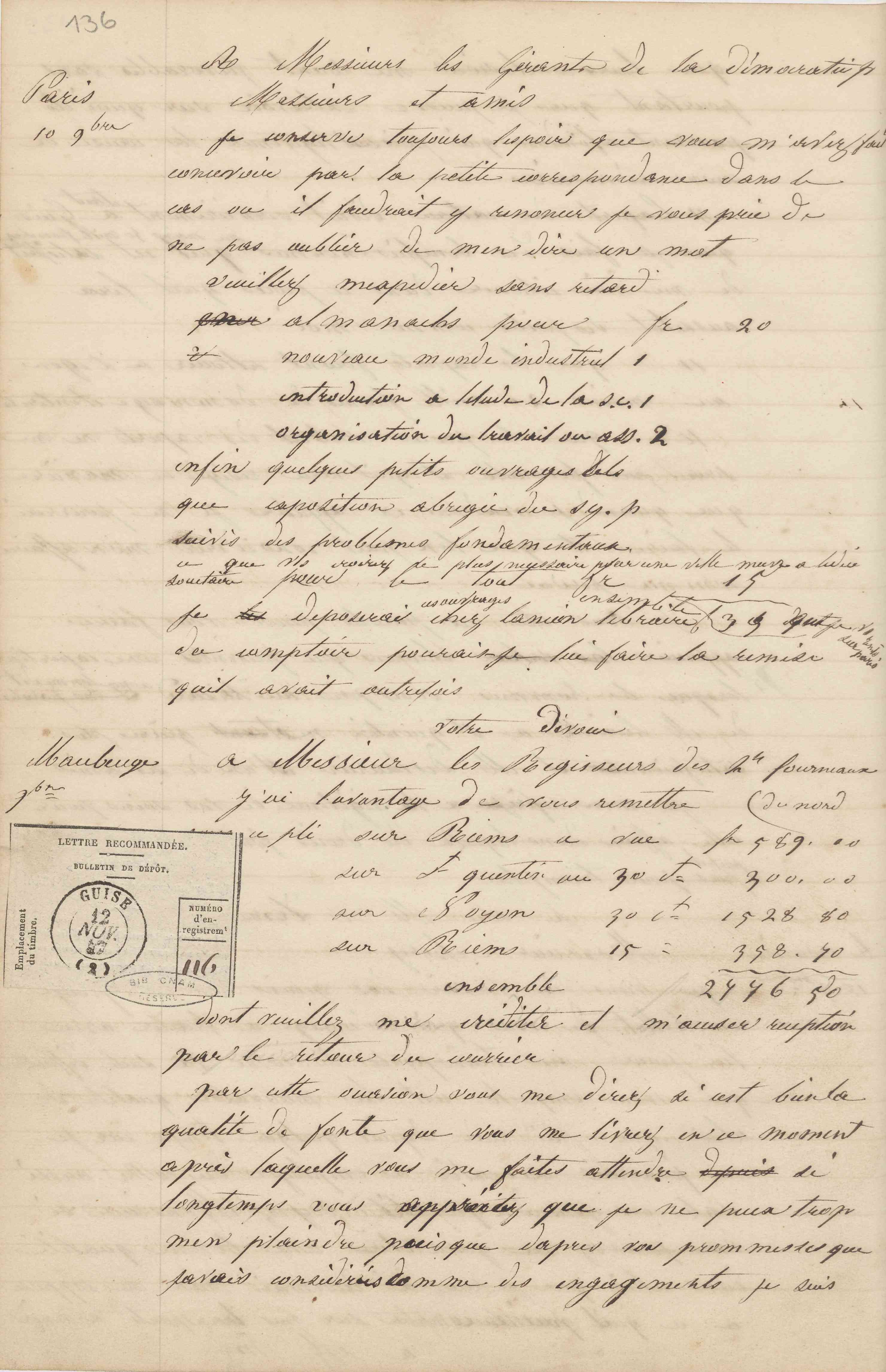 Jean-Baptiste André Godin aux gérants de La Démocratie pacifique, 10 novembre 1847