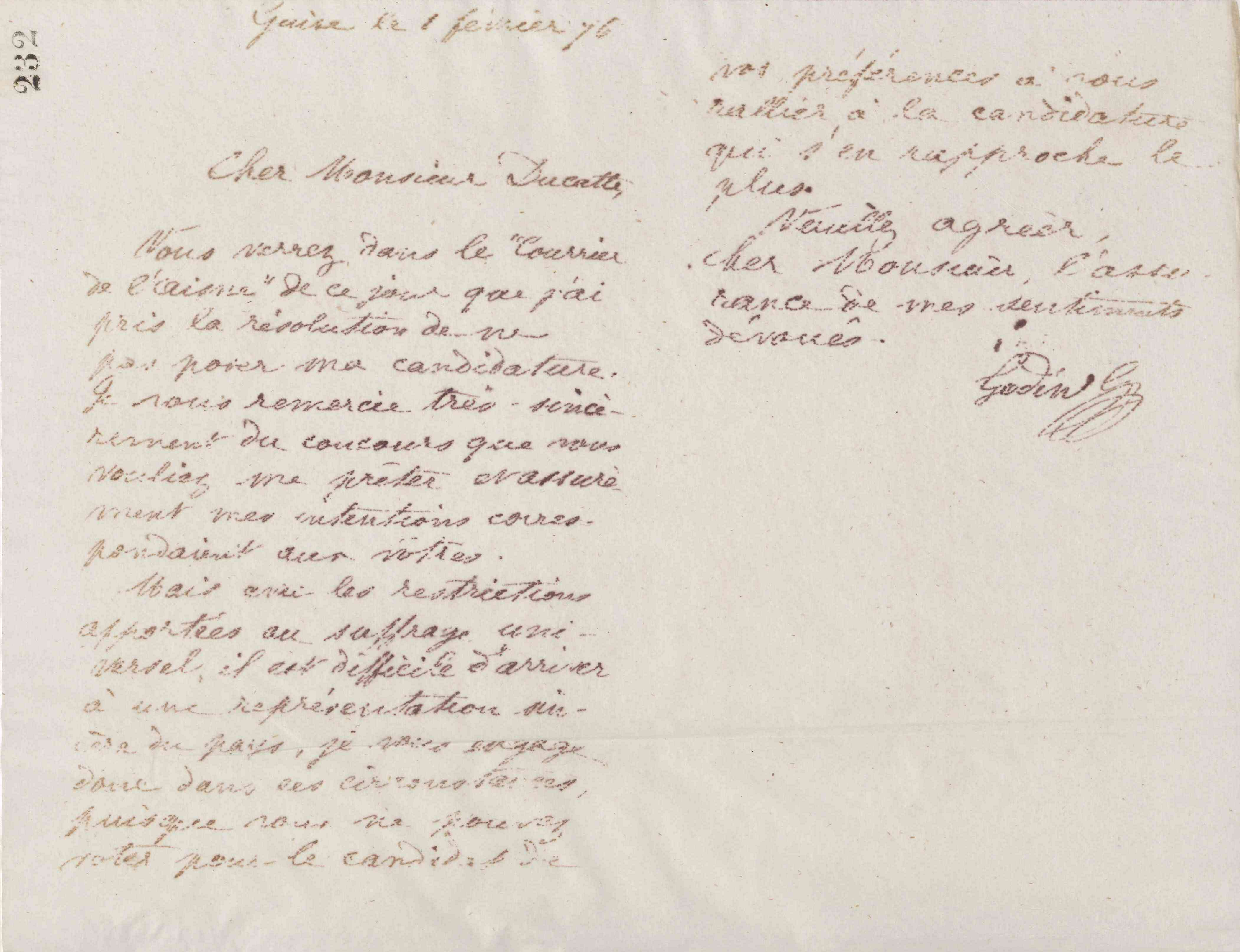 Jean-Baptiste André Godin à Irénée Ducatte, 1er février 1876 Jean-Baptiste André Godin à Irénée Ducatte, 1er février 1876