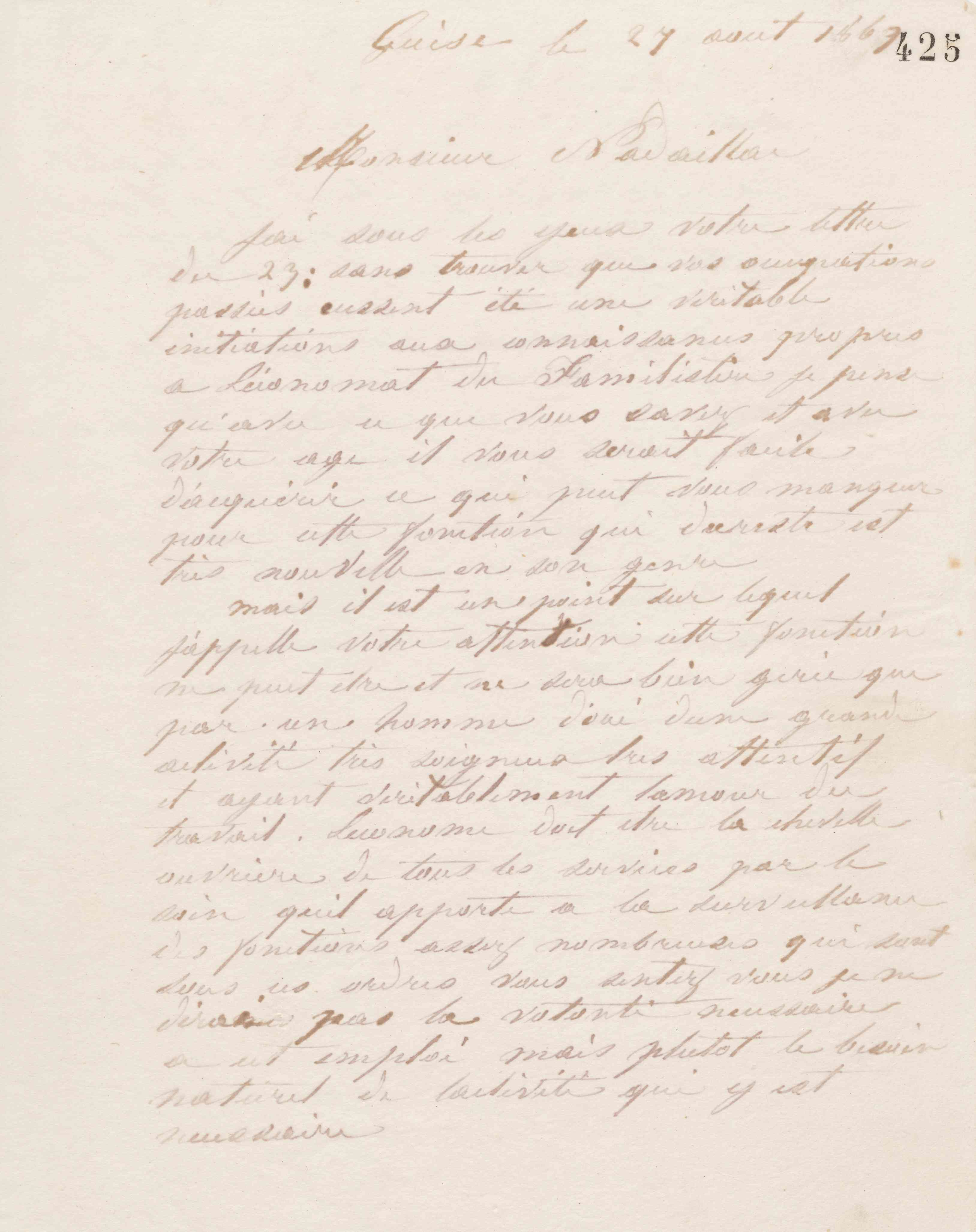 Jean-Baptiste André Godin à monsieur Nadaillac, 27 août 1869